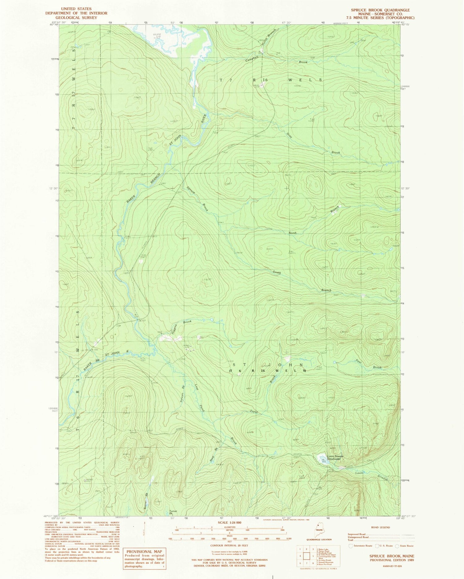 Classic USGS Spruce Brook Maine 7.5'x7.5' Topo Map Image