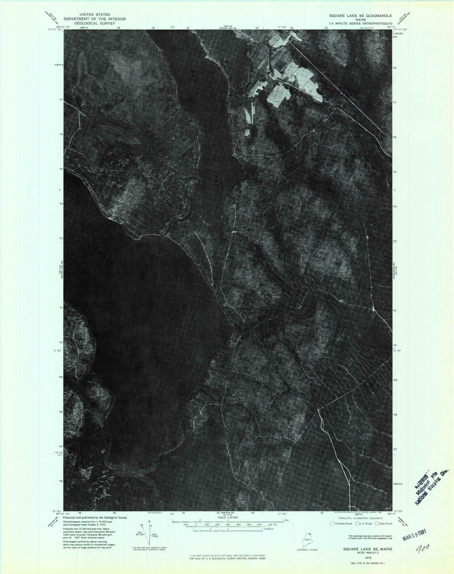 Classic USGS Square Lake East Maine 7.5'x7.5' Topo Map Image