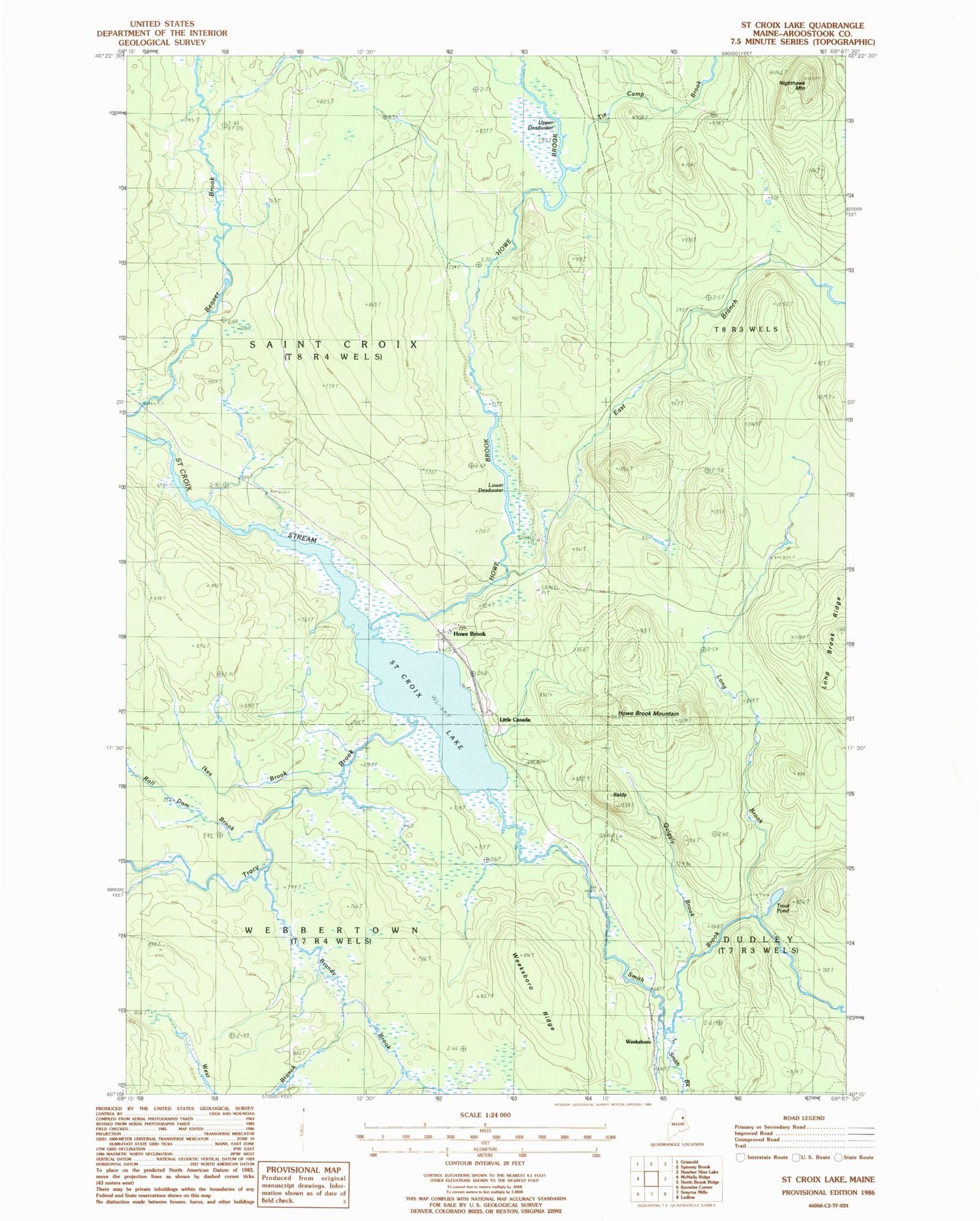 Classic USGS Saint Croix Lake Maine 7.5'x7.5' Topo Map Image