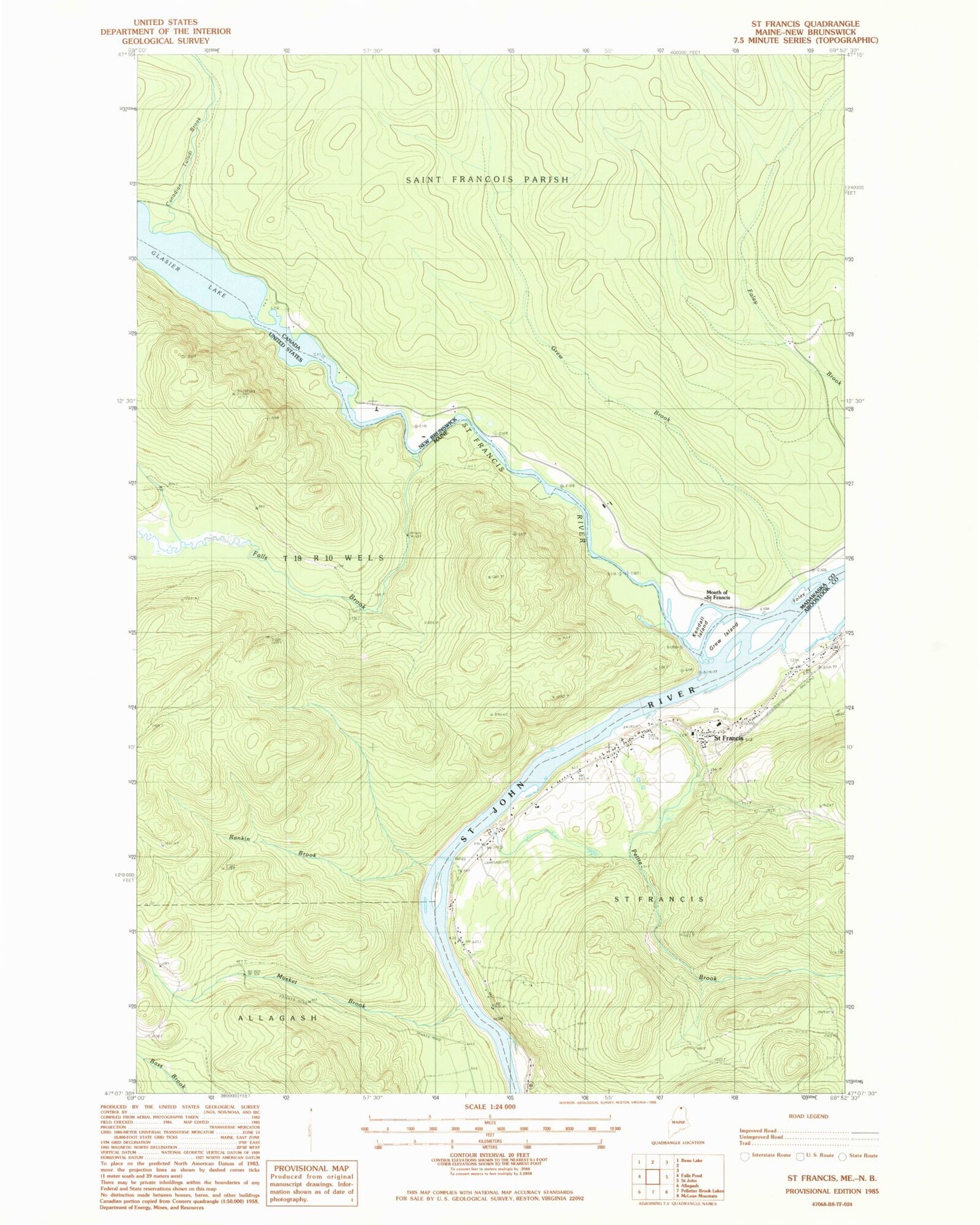 Classic USGS Saint Francis Maine 7.5'x7.5' Topo Map Image