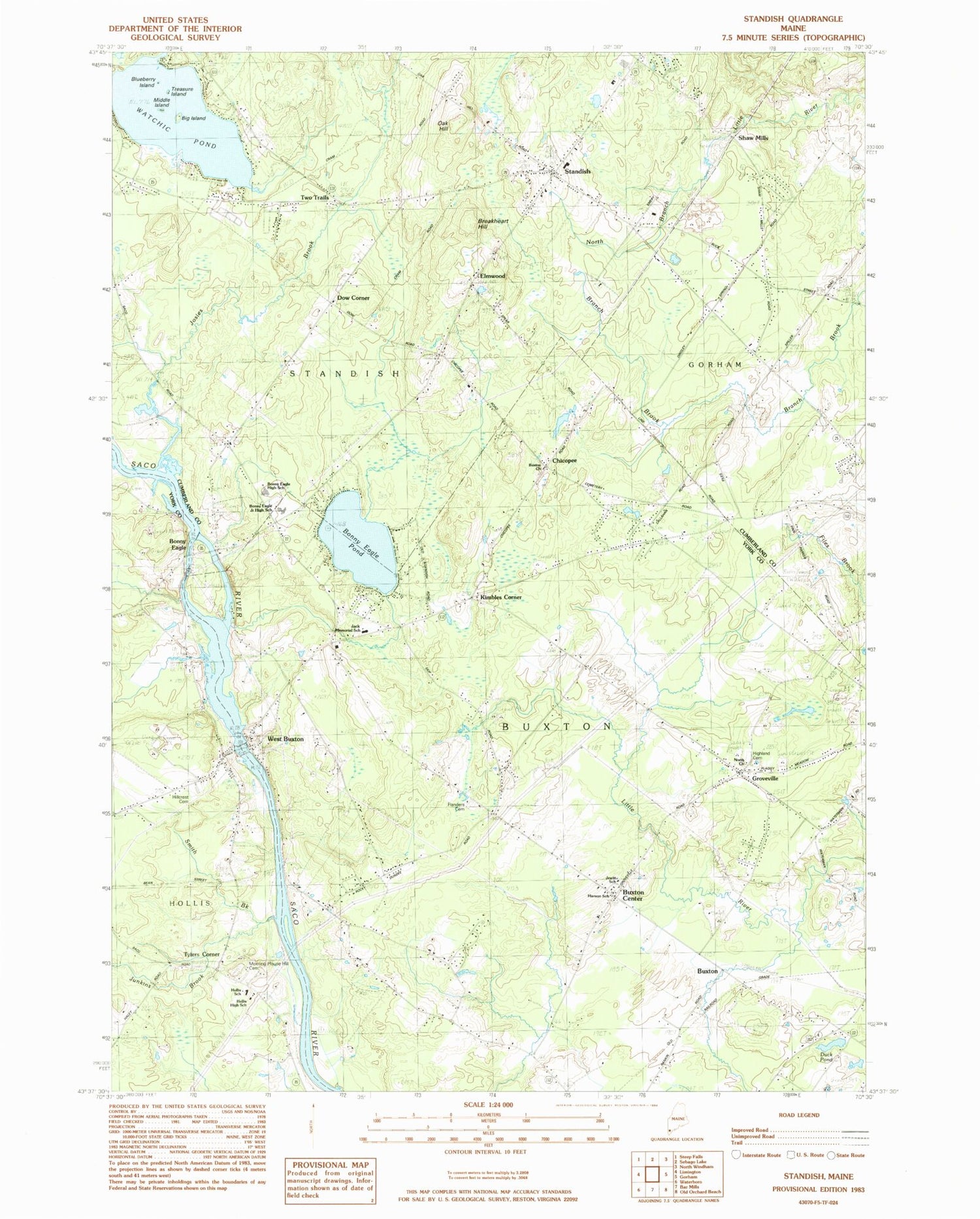 Classic USGS Standish Maine 7.5'x7.5' Topo Map Image