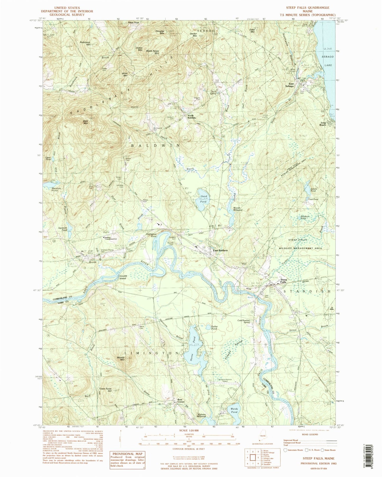 Classic USGS Steep Falls Maine 7.5'x7.5' Topo Map Image