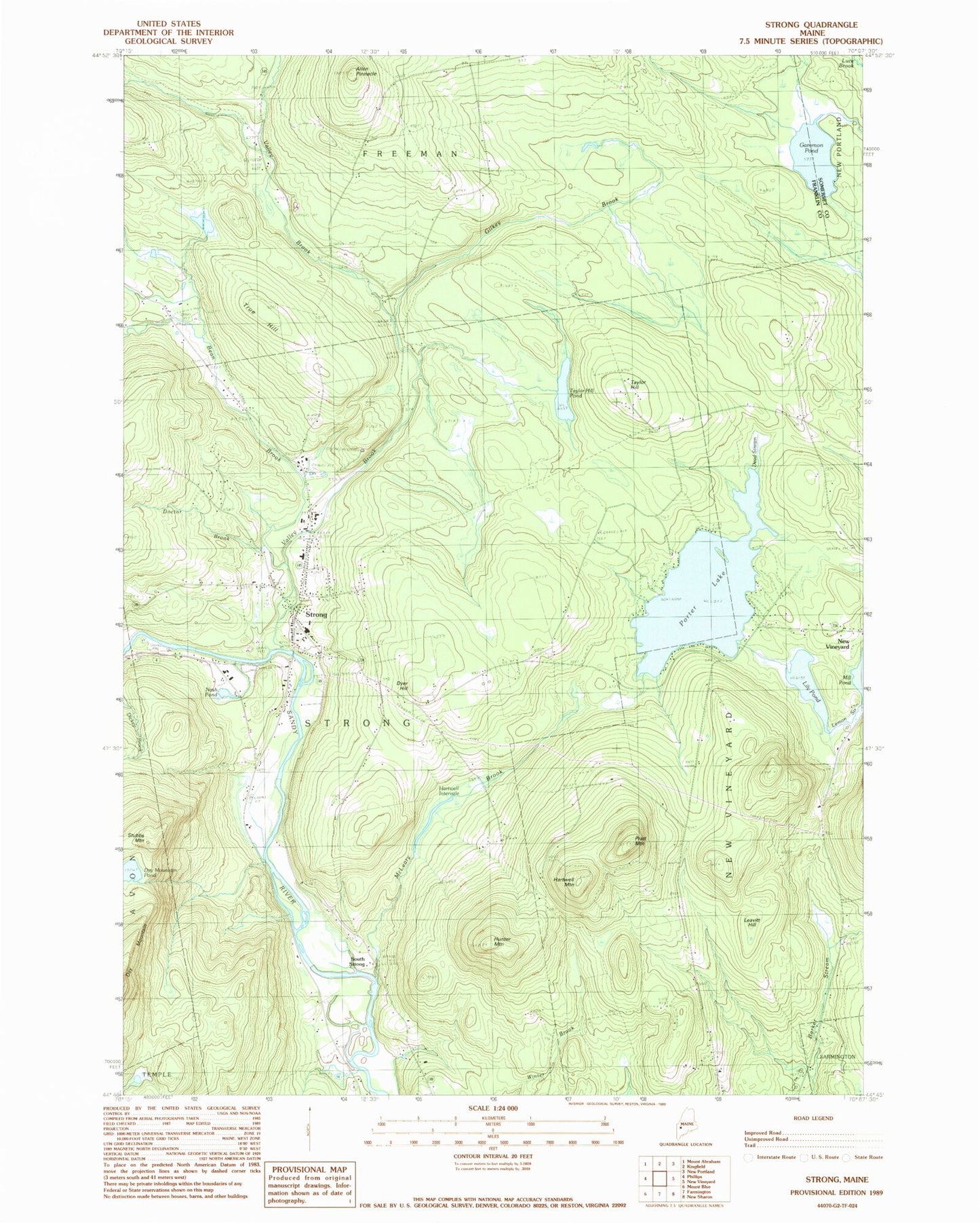 Classic USGS Strong Maine 7.5'x7.5' Topo Map Image