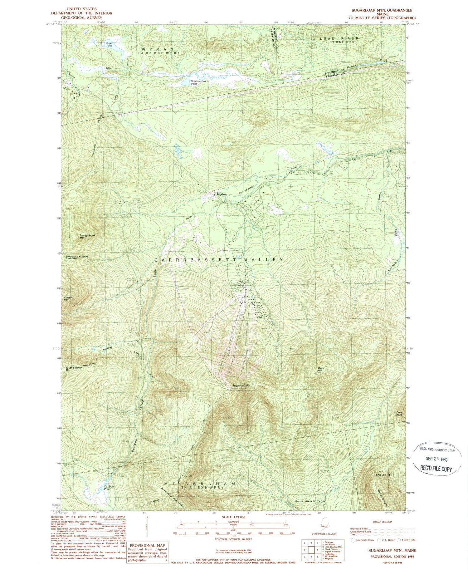 Classic USGS Sugarloaf Mountain Maine 7.5'x7.5' Topo Map Image
