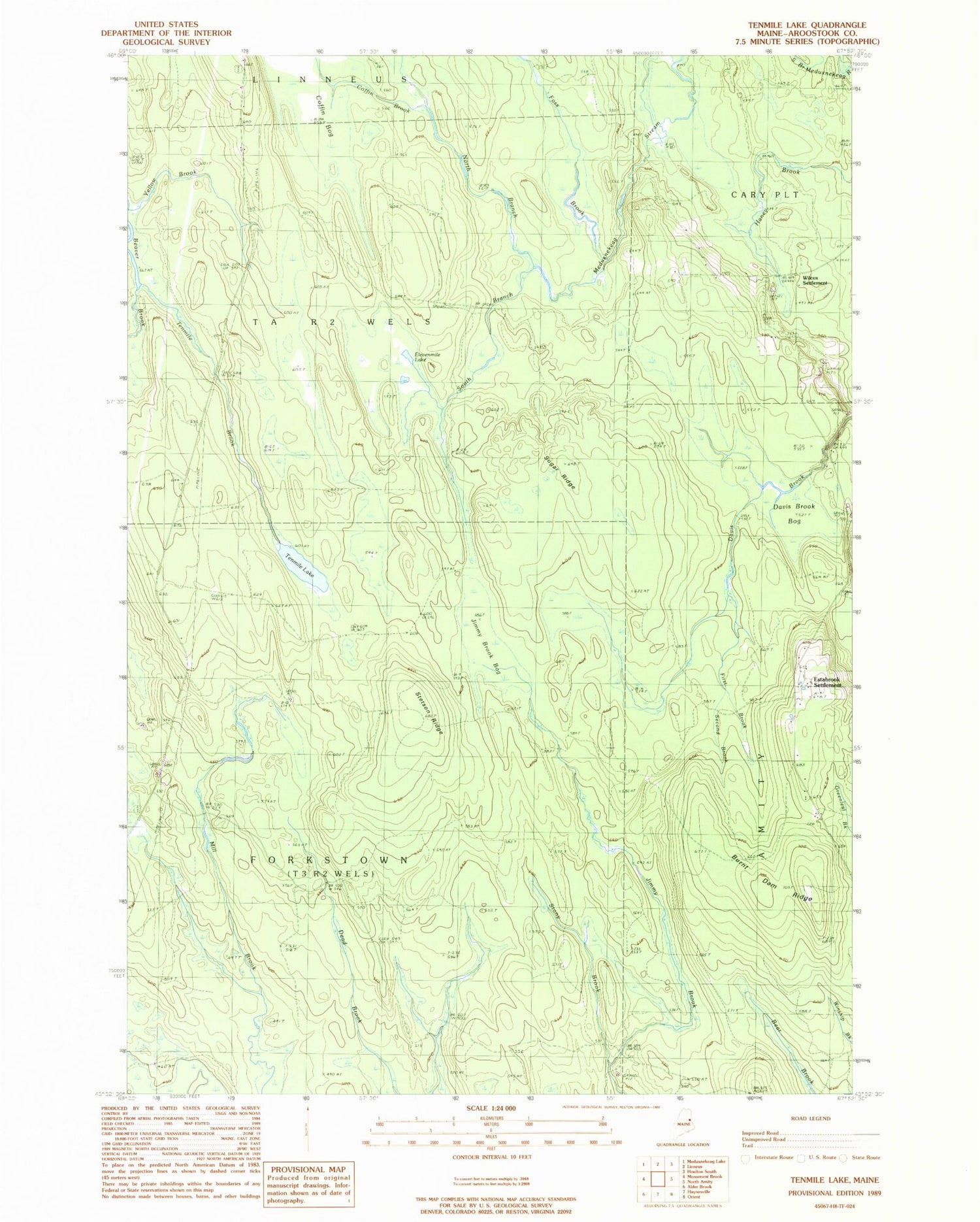 Classic USGS Ten Mile Lake Maine 7.5'x7.5' Topo Map Image