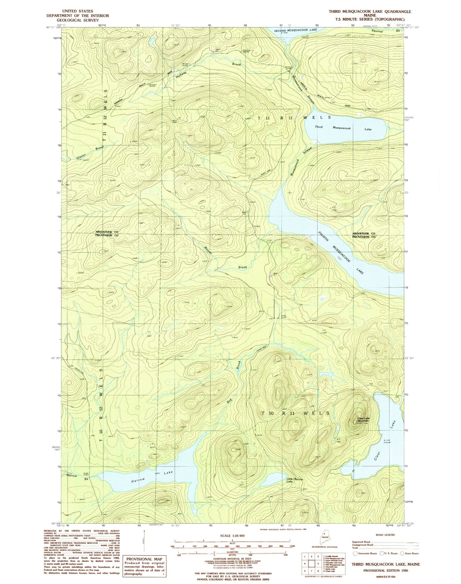 Classic USGS Third Musquacook Lake Maine 7.5'x7.5' Topo Map Image