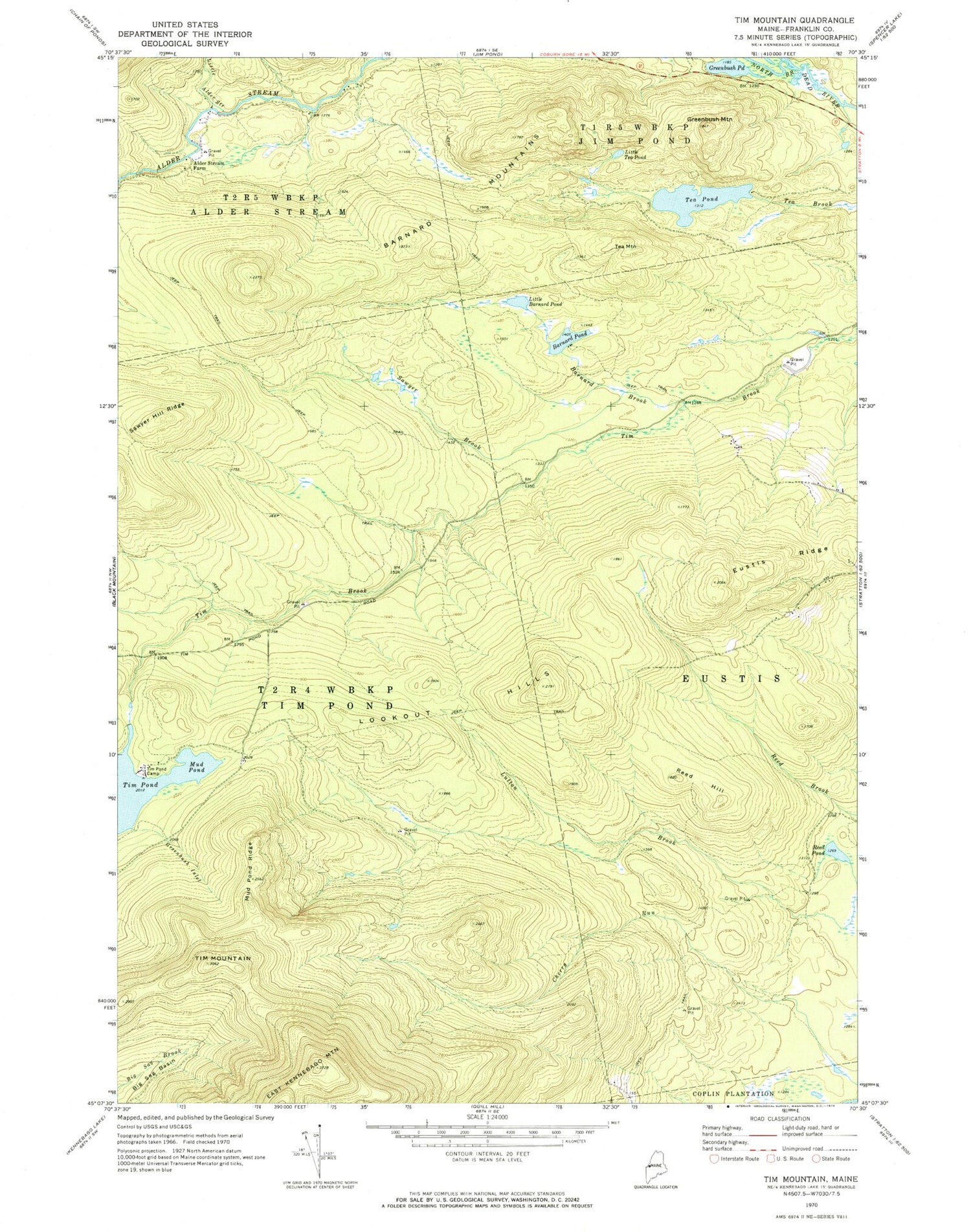 Classic USGS Tim Mountain Maine 7.5'x7.5' Topo Map Image