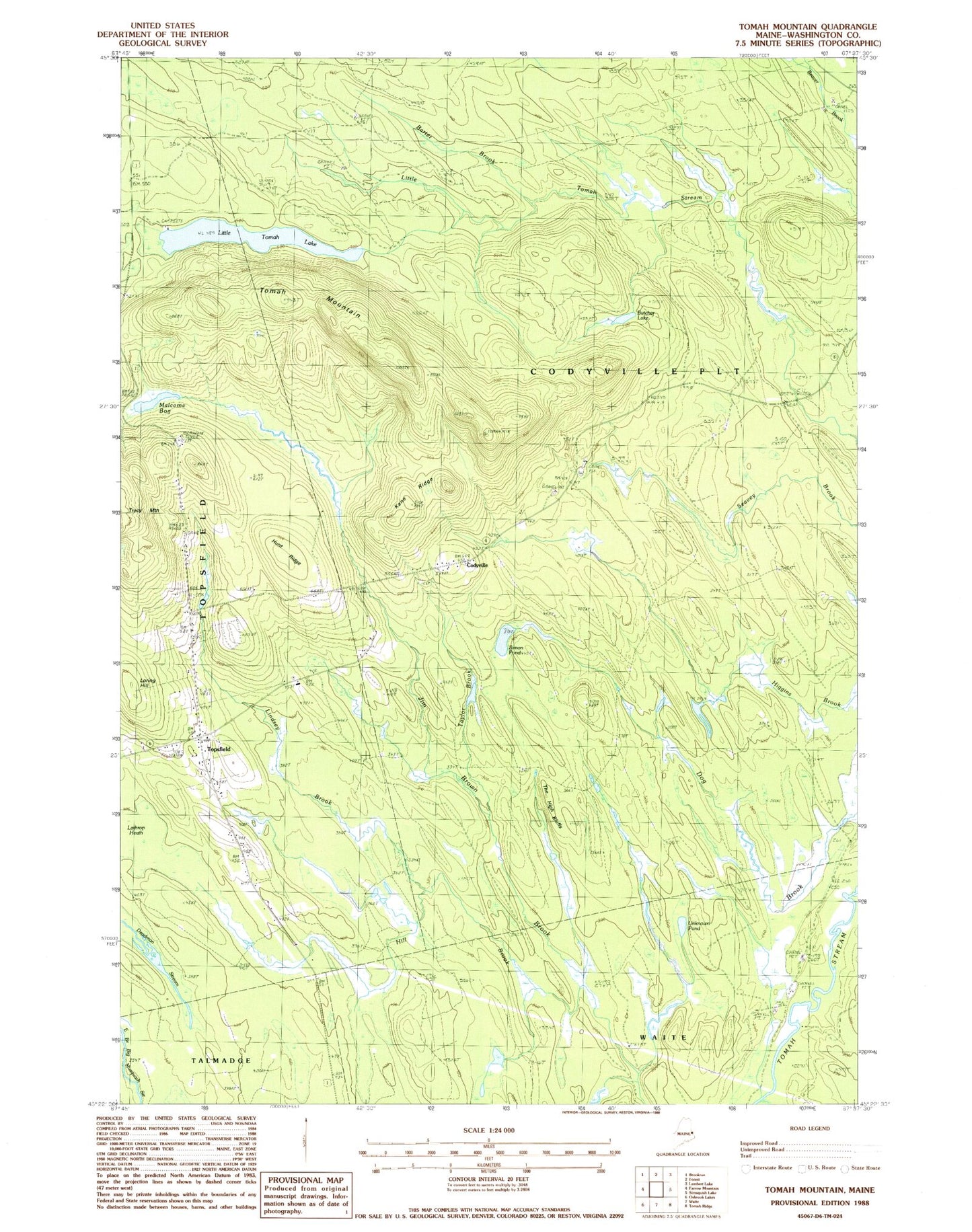 Classic USGS Tomah Mountain Maine 7.5'x7.5' Topo Map Image