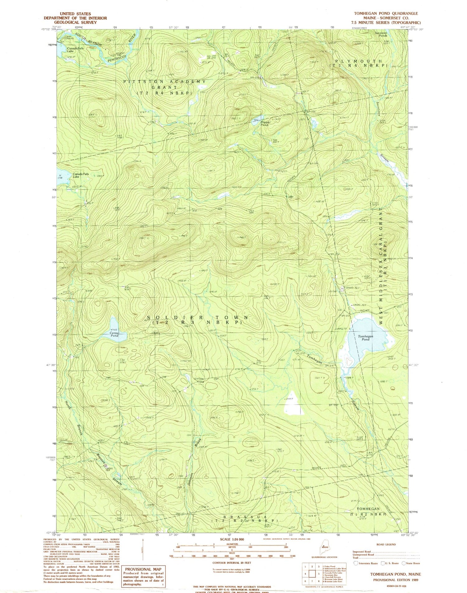 Classic USGS Tomhegan Pond Maine 7.5'x7.5' Topo Map Image