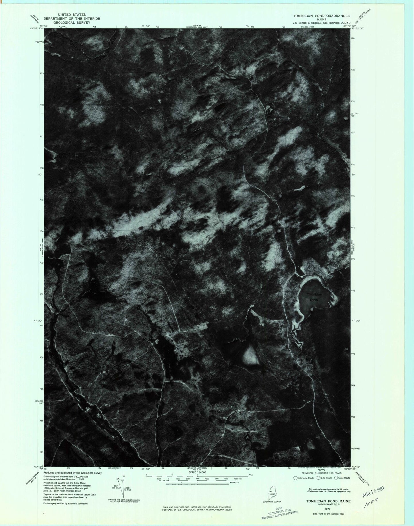 Classic USGS Tomhegan Pond Maine 7.5'x7.5' Topo Map Image