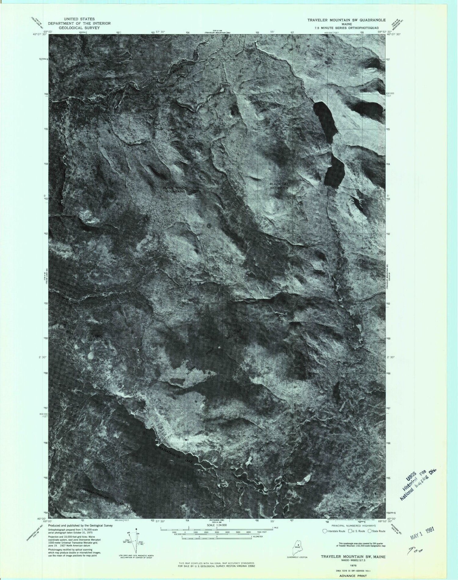 Classic USGS Wassataquoik Lake Maine 7.5'x7.5' Topo Map Image