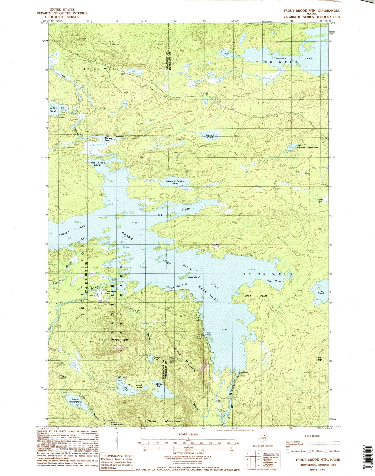Classic USGS Trout Brook Mountain Maine 7.5'x7.5' Topo Map Image