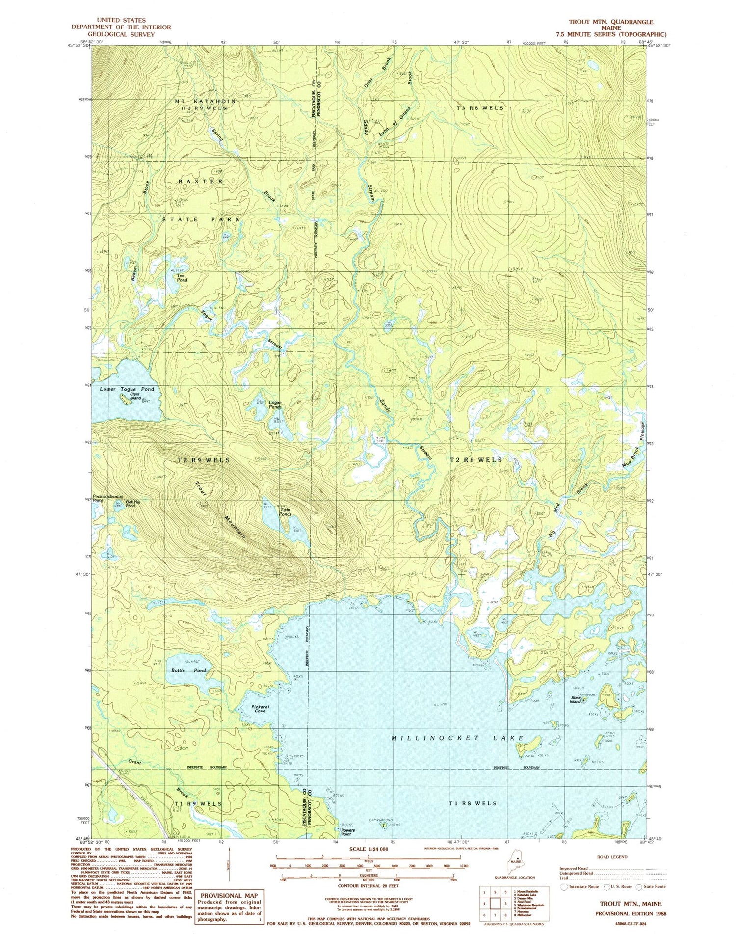 Classic USGS Trout Mountain Maine 7.5'x7.5' Topo Map Image