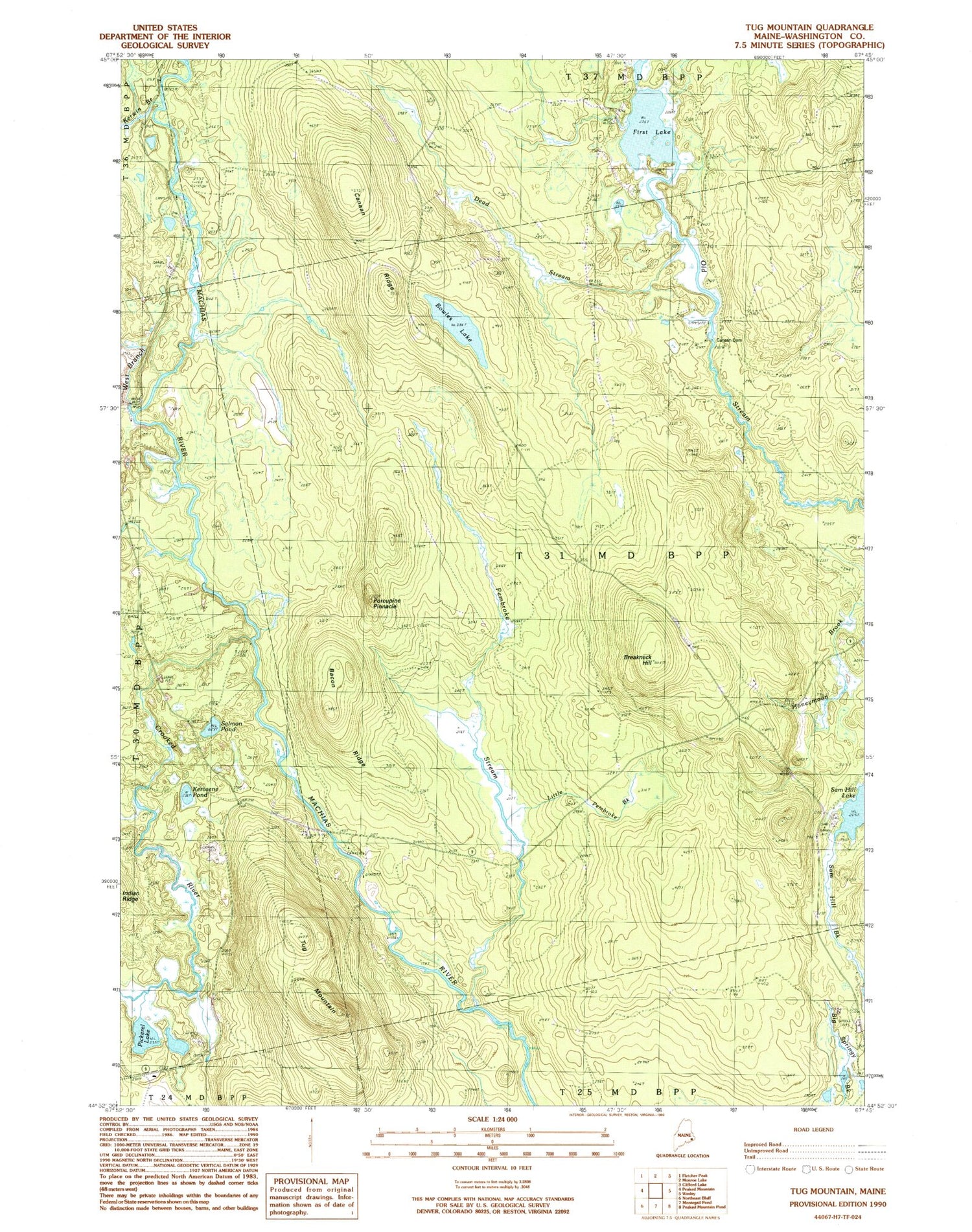 Classic USGS Tug Mountain Maine 7.5'x7.5' Topo Map Image