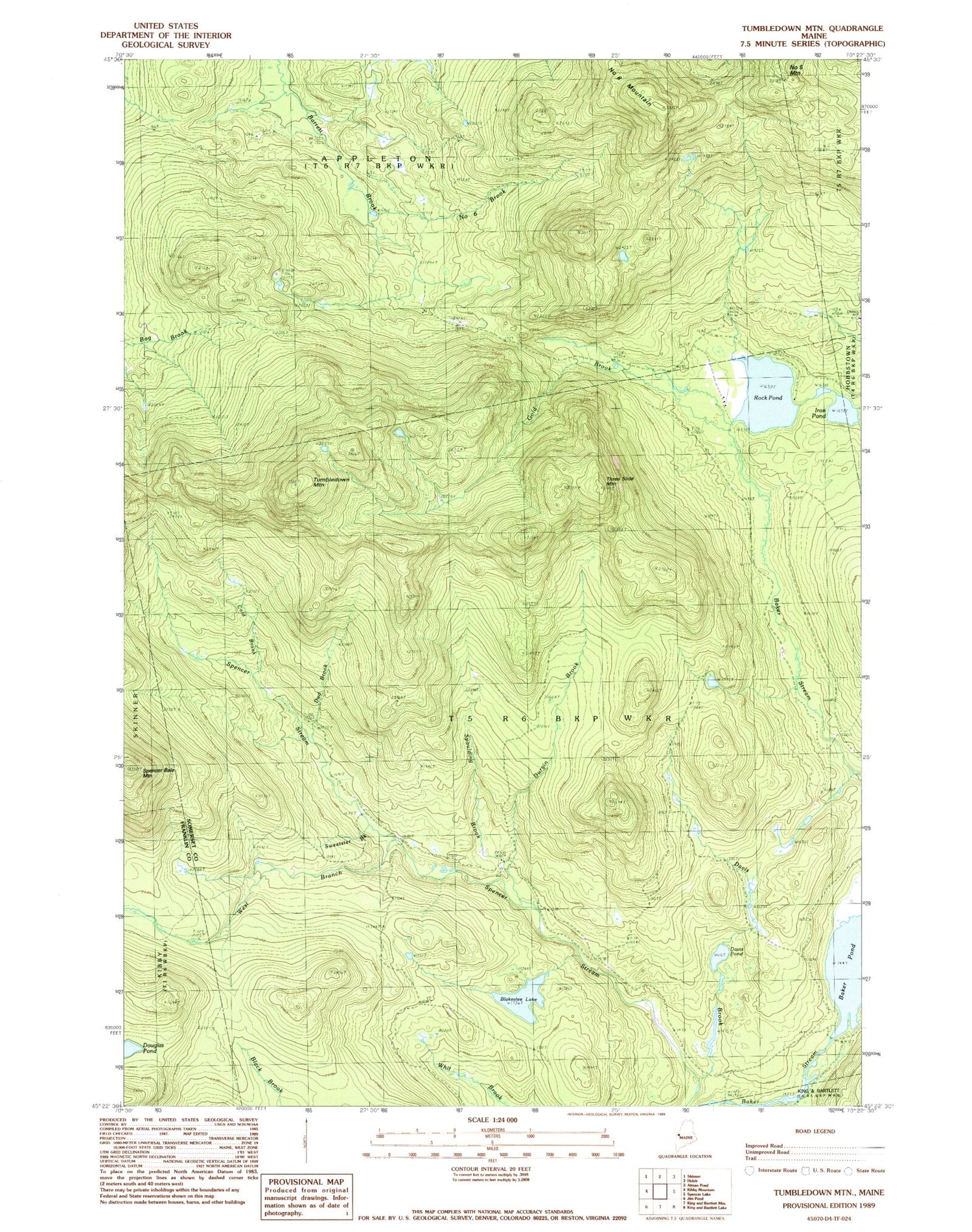 Classic USGS Tumbledown Mountain Maine 7.5'x7.5' Topo Map Image