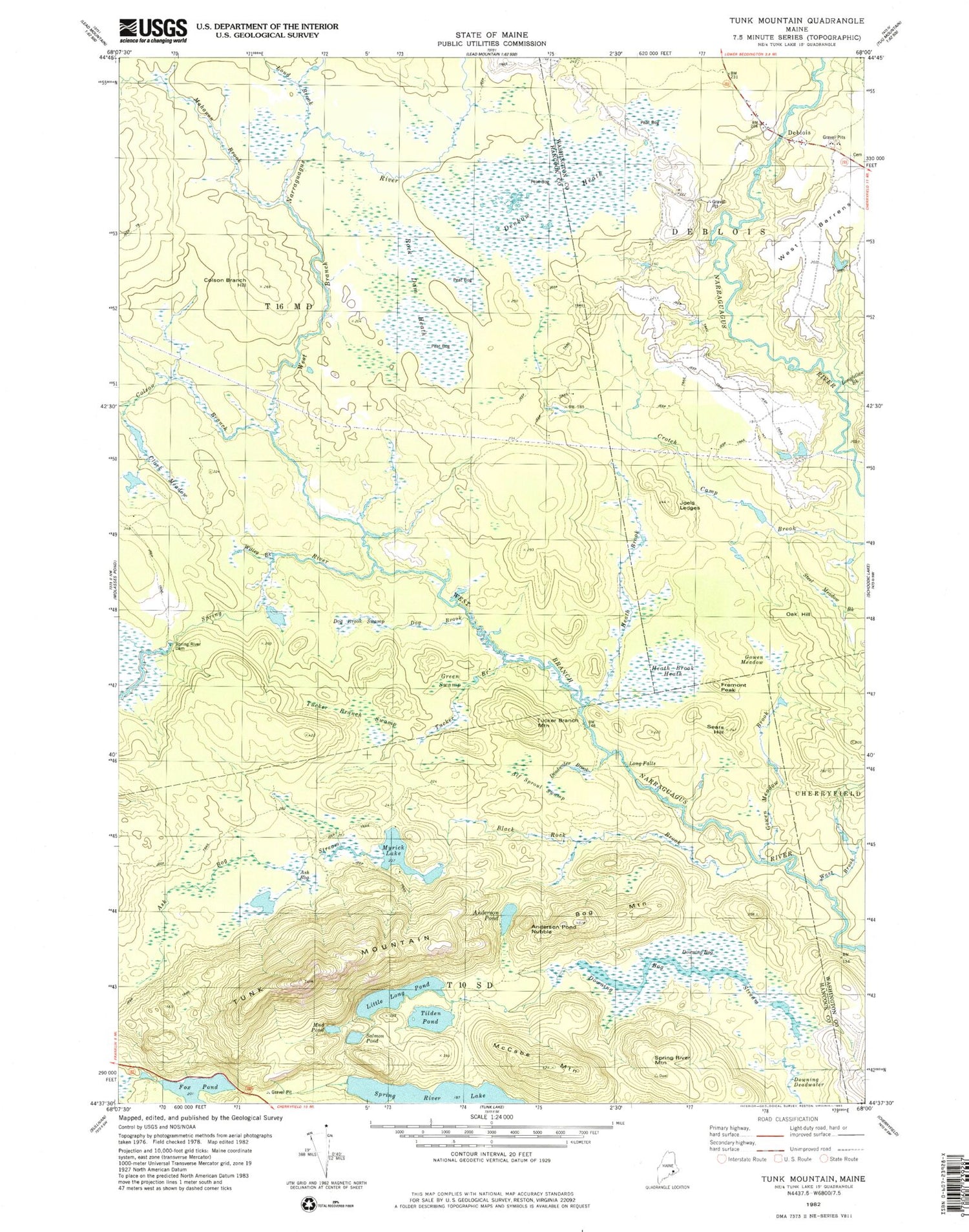 Classic USGS Tunk Mountain Maine 7.5'x7.5' Topo Map Image