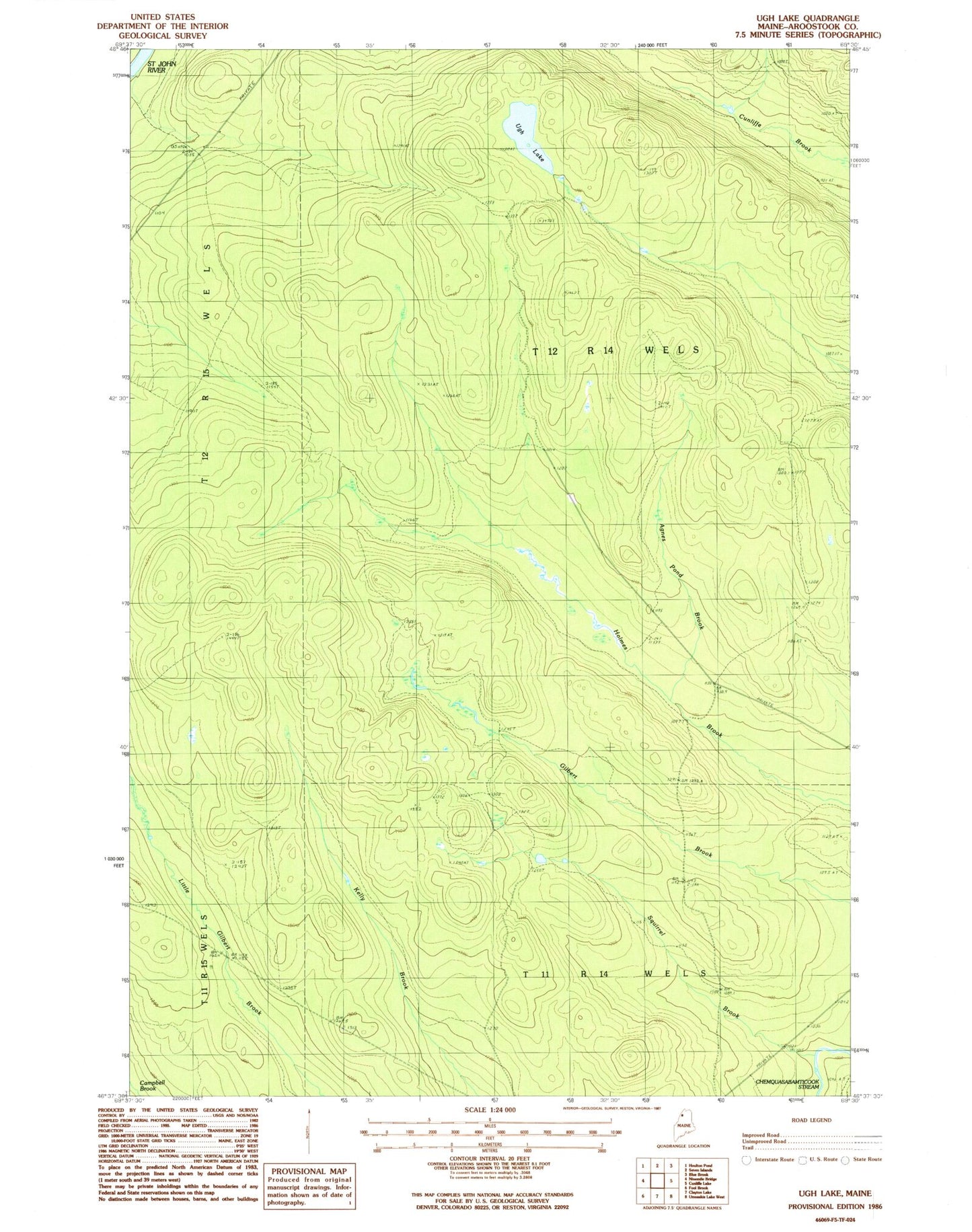 Classic USGS Ugh Lake Maine 7.5'x7.5' Topo Map Image