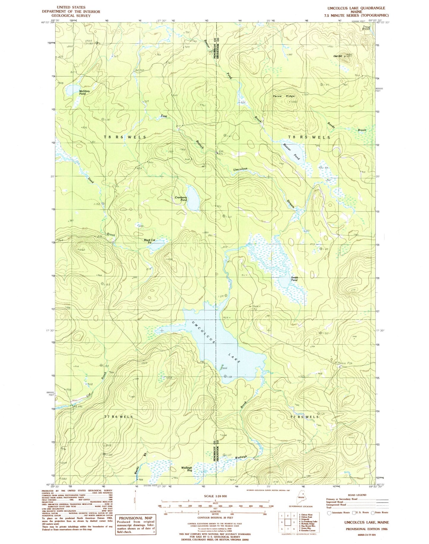Classic USGS Umcolcus Lake Maine 7.5'x7.5' Topo Map Image