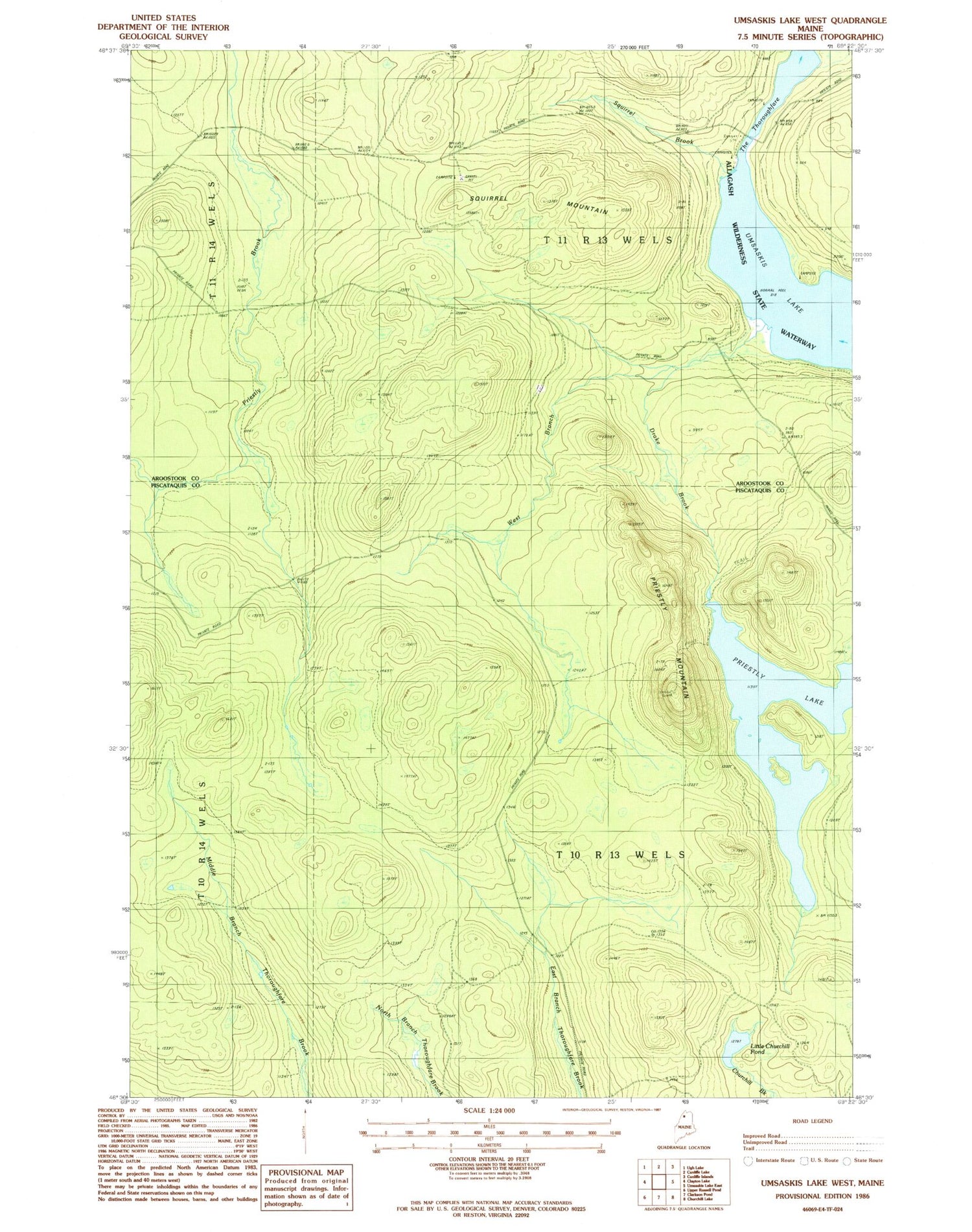 Classic USGS Umsaskis Lake West Maine 7.5'x7.5' Topo Map Image