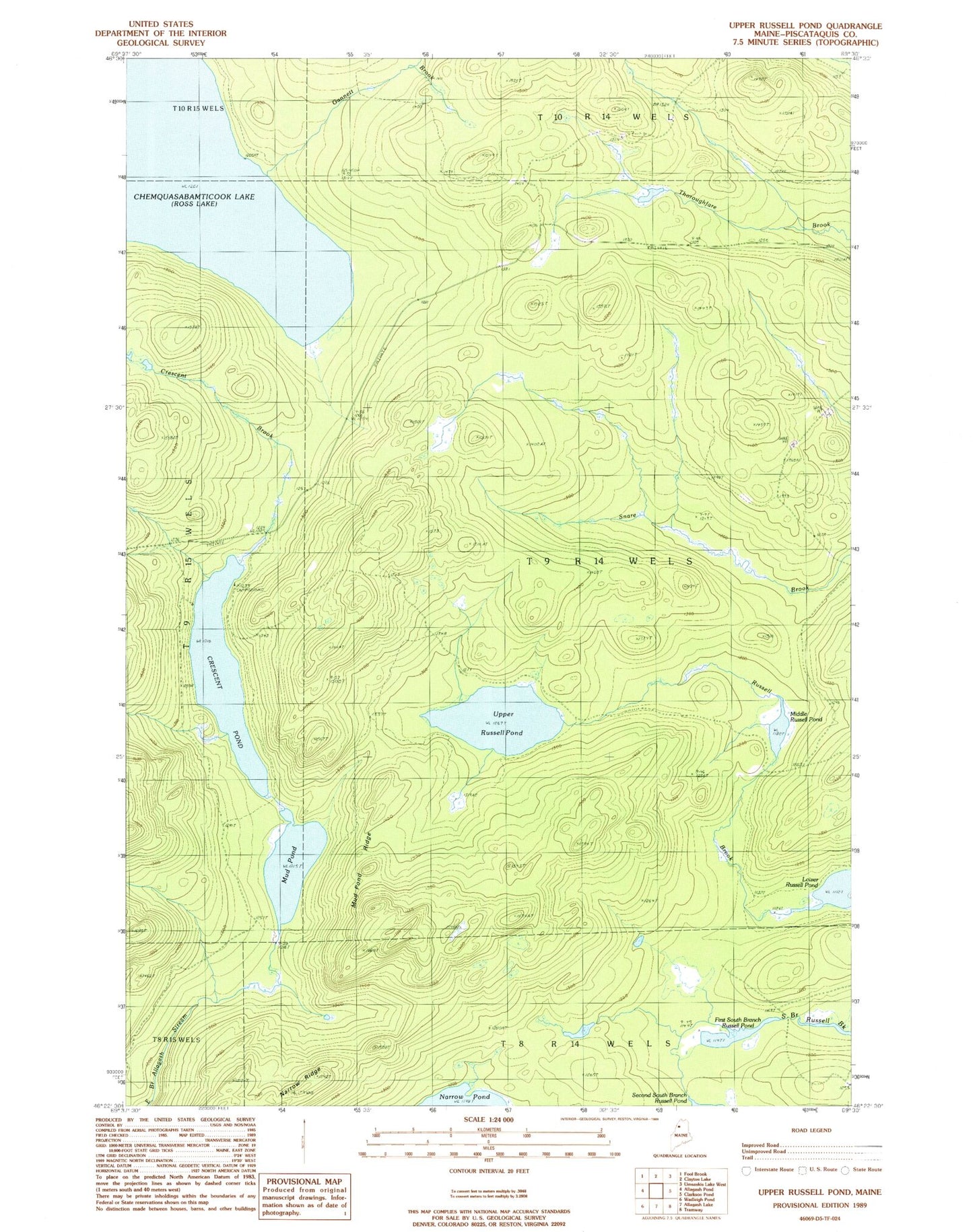 Classic USGS Upper Russell Pond Maine 7.5'x7.5' Topo Map Image