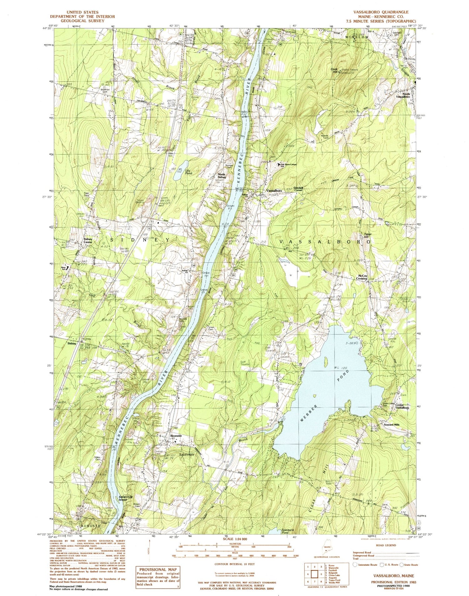 Classic USGS Vassalboro Maine 7.5'x7.5' Topo Map Image