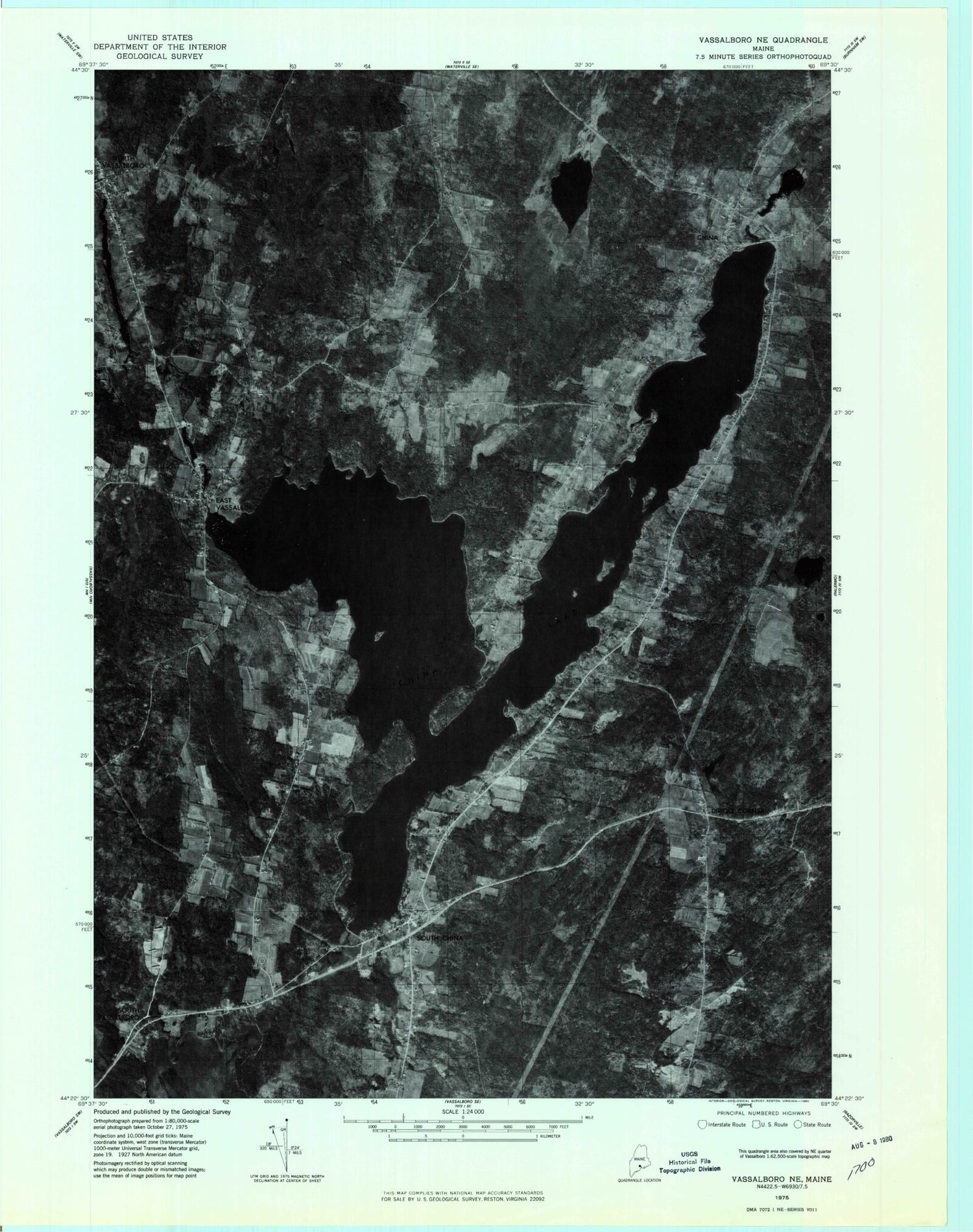 Classic USGS China Lake Maine 7.5'x7.5' Topo Map Image