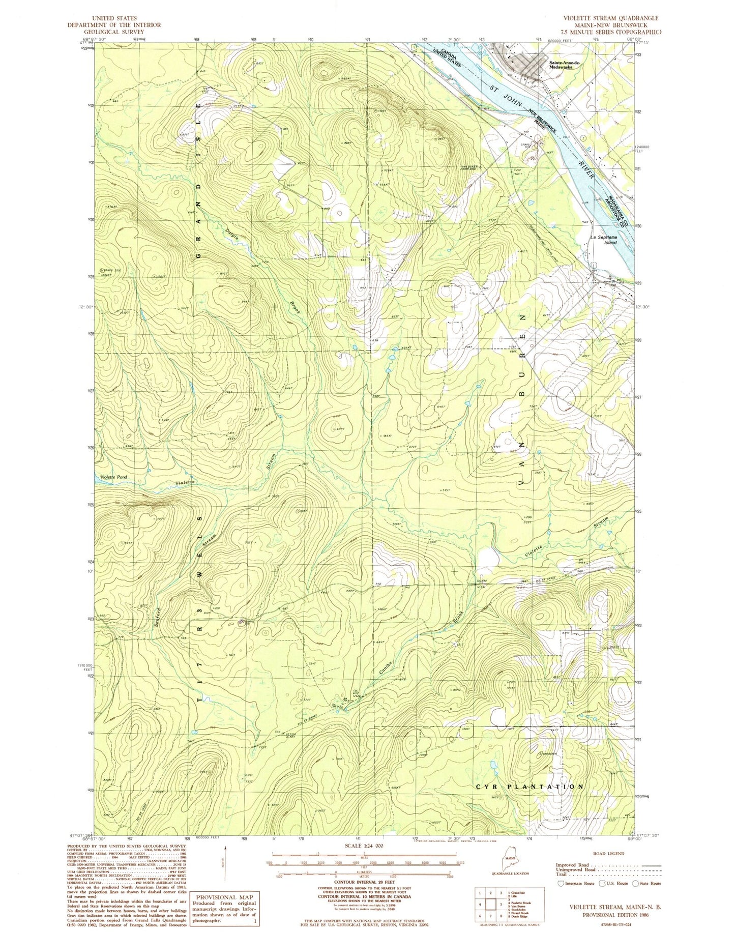 Classic USGS Violette Stream Maine 7.5'x7.5' Topo Map Image