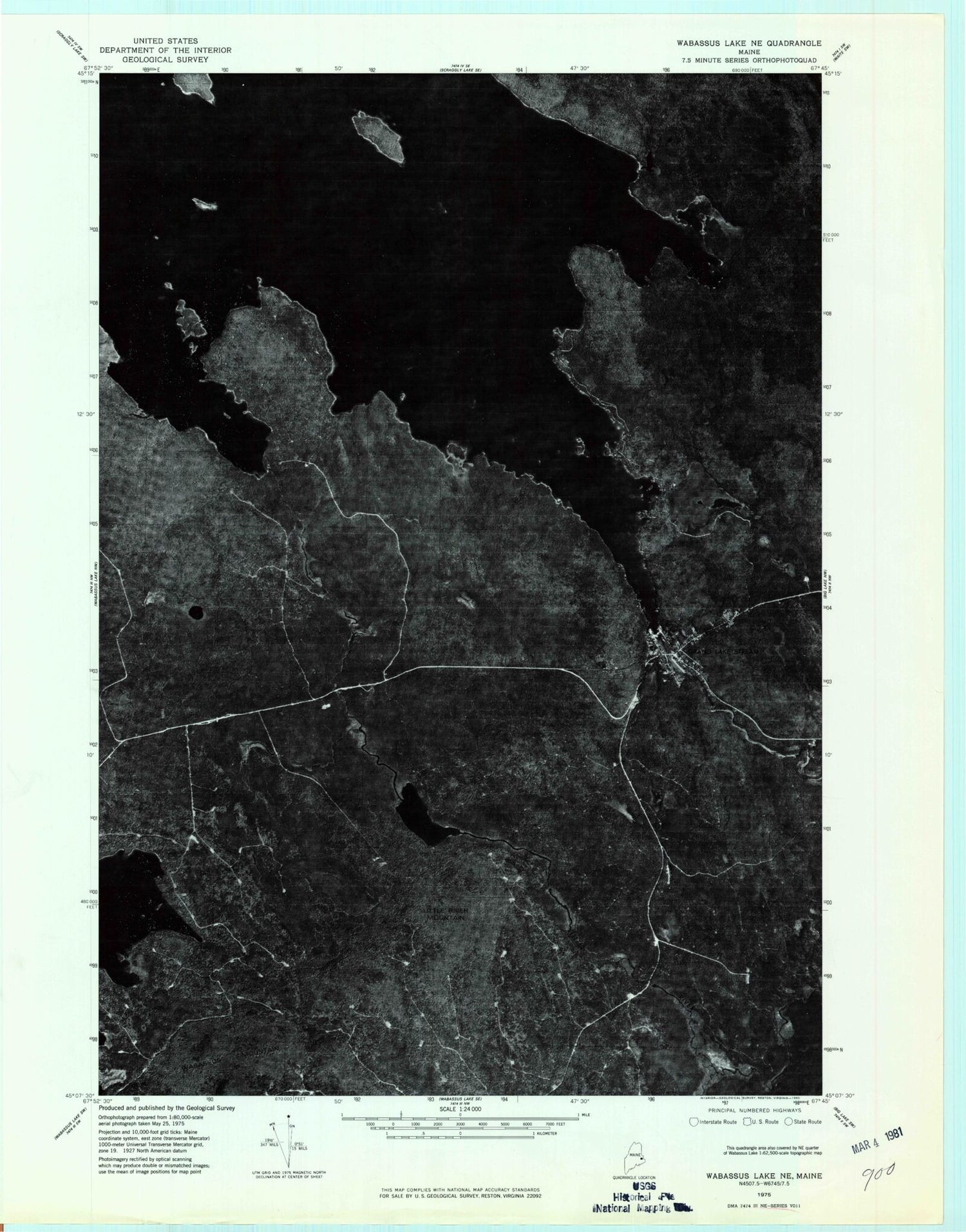 Classic USGS Grand Lake Stream Maine 7.5'x7.5' Topo Map Image