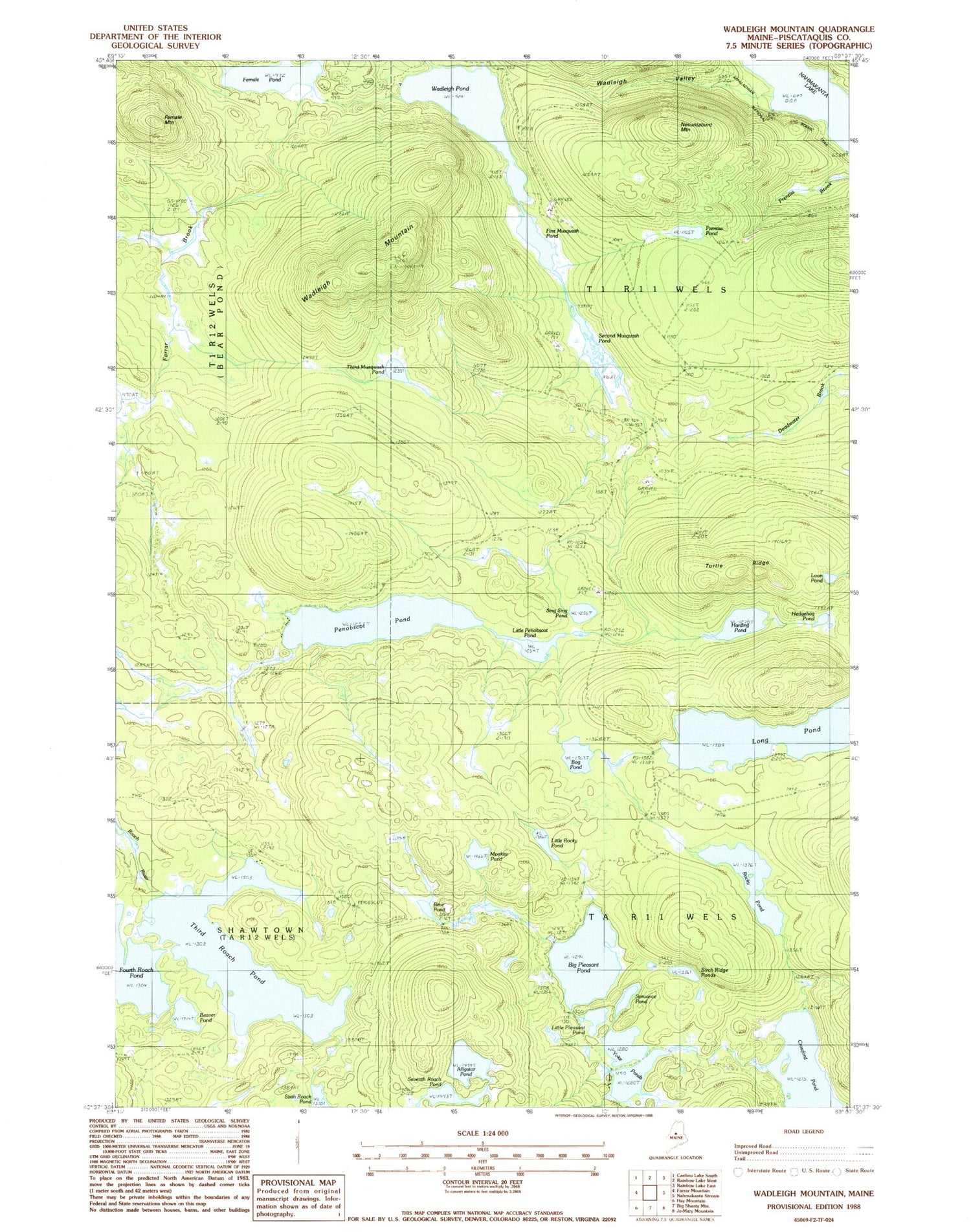 Classic USGS Wadleigh Mountain Maine 7.5'x7.5' Topo Map Image