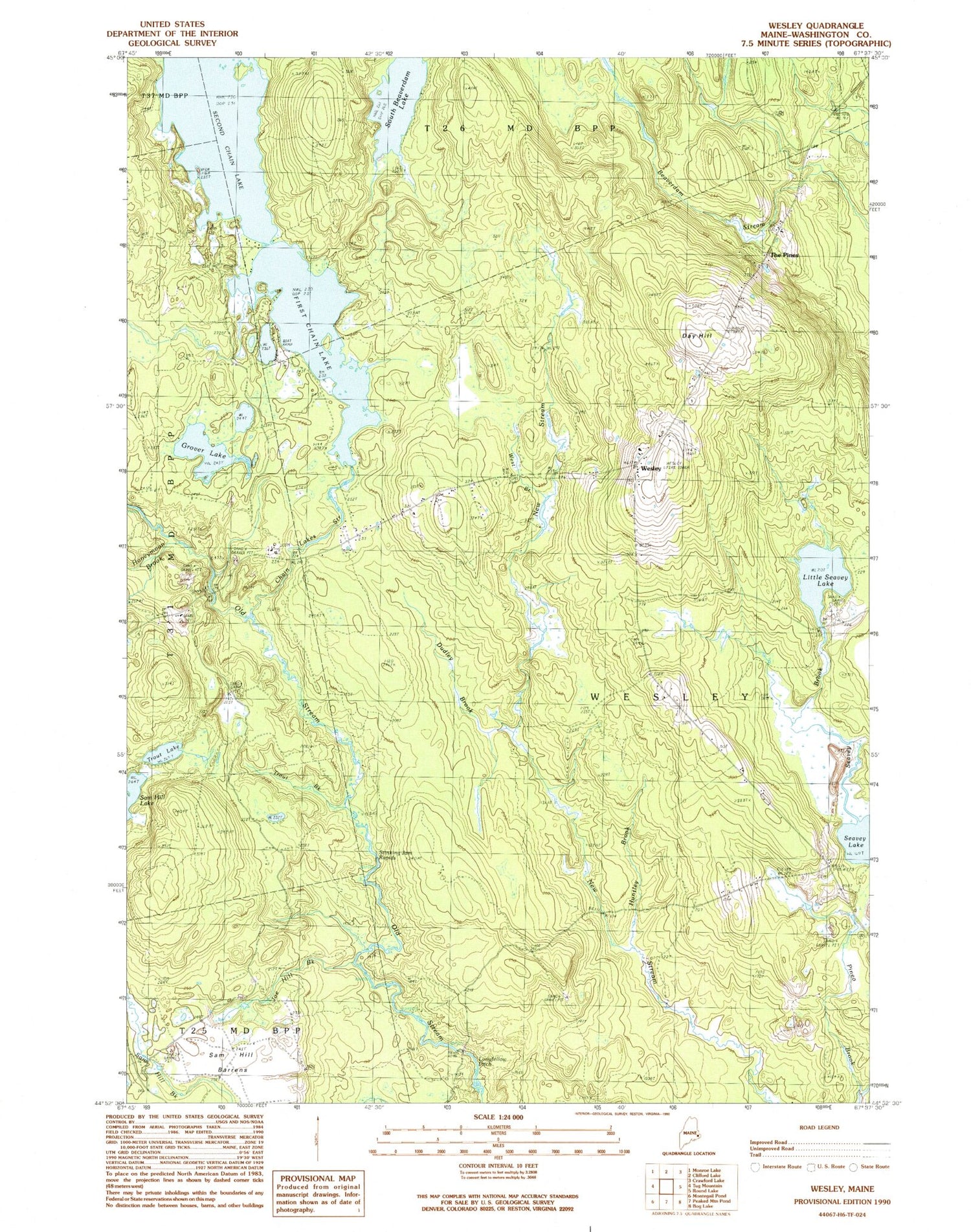 Classic USGS Wesley Maine 7.5'x7.5' Topo Map Image
