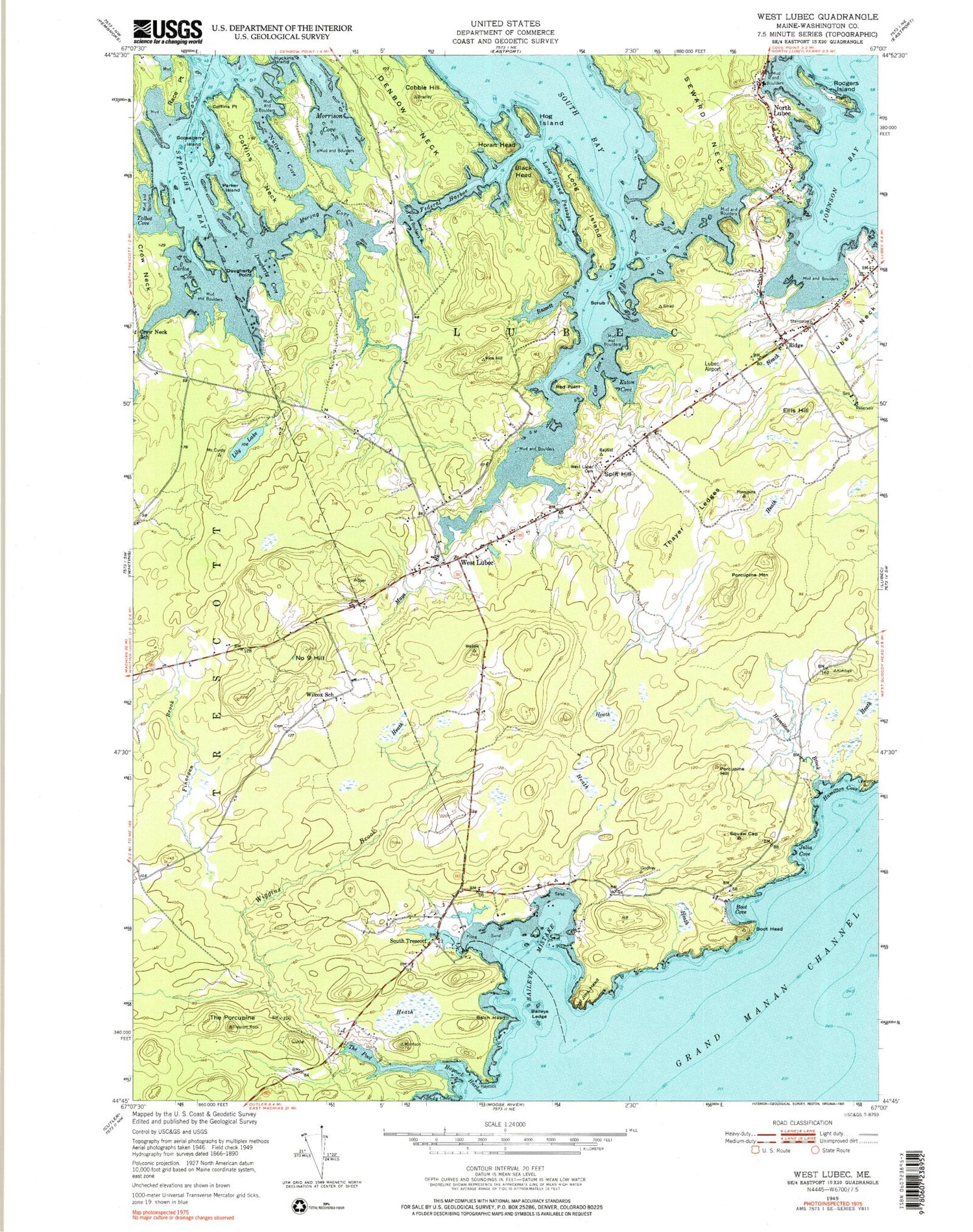 Classic USGS West Lubec Maine 7.5'x7.5' Topo Map Image