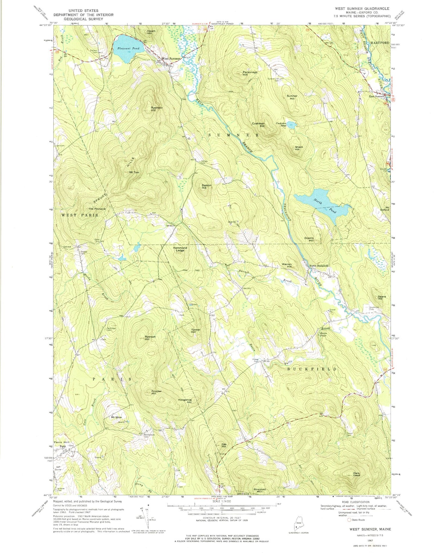 Classic USGS West Sumner Maine 7.5'x7.5' Topo Map Image