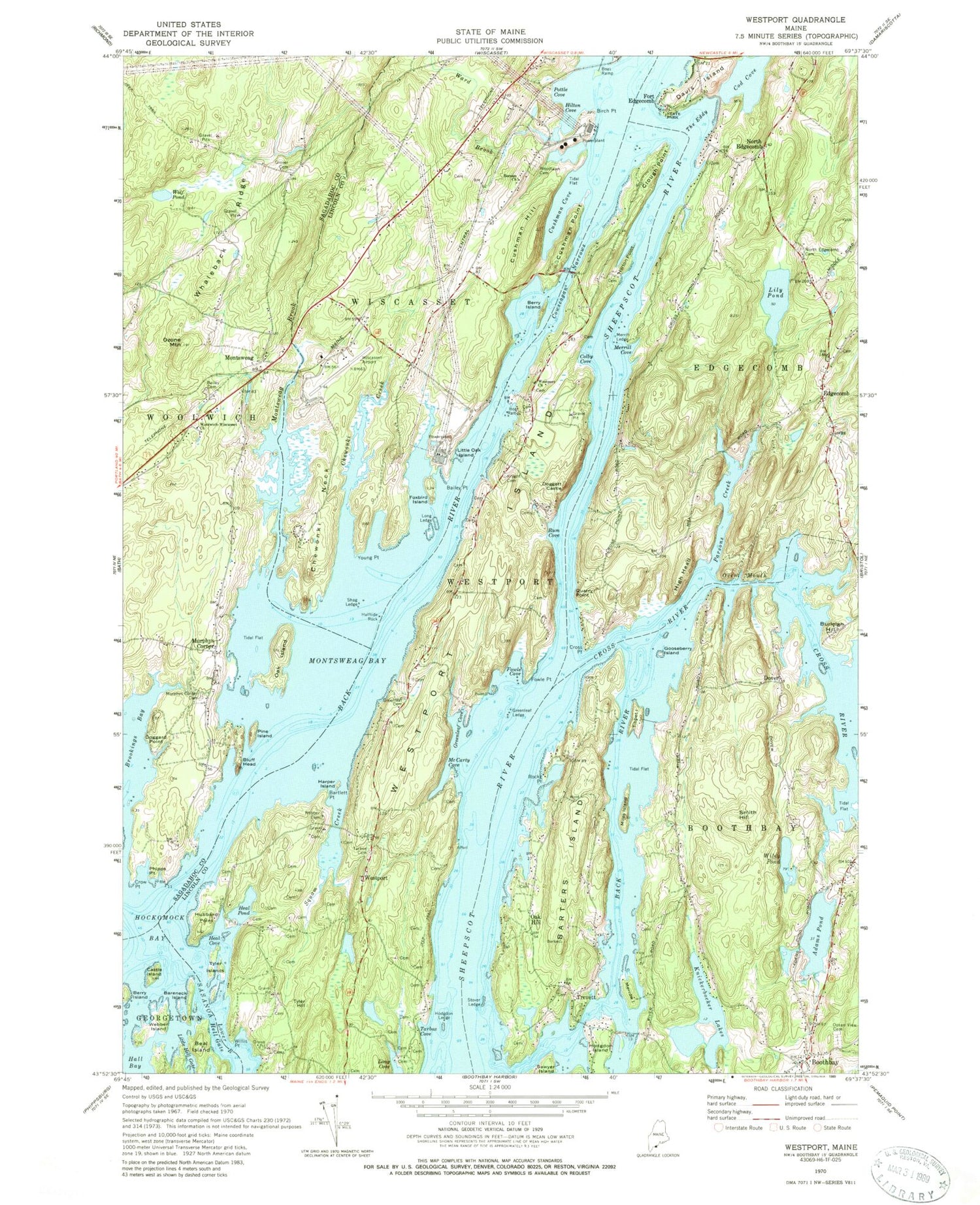 Classic USGS Westport Maine 7.5'x7.5' Topo Map Image