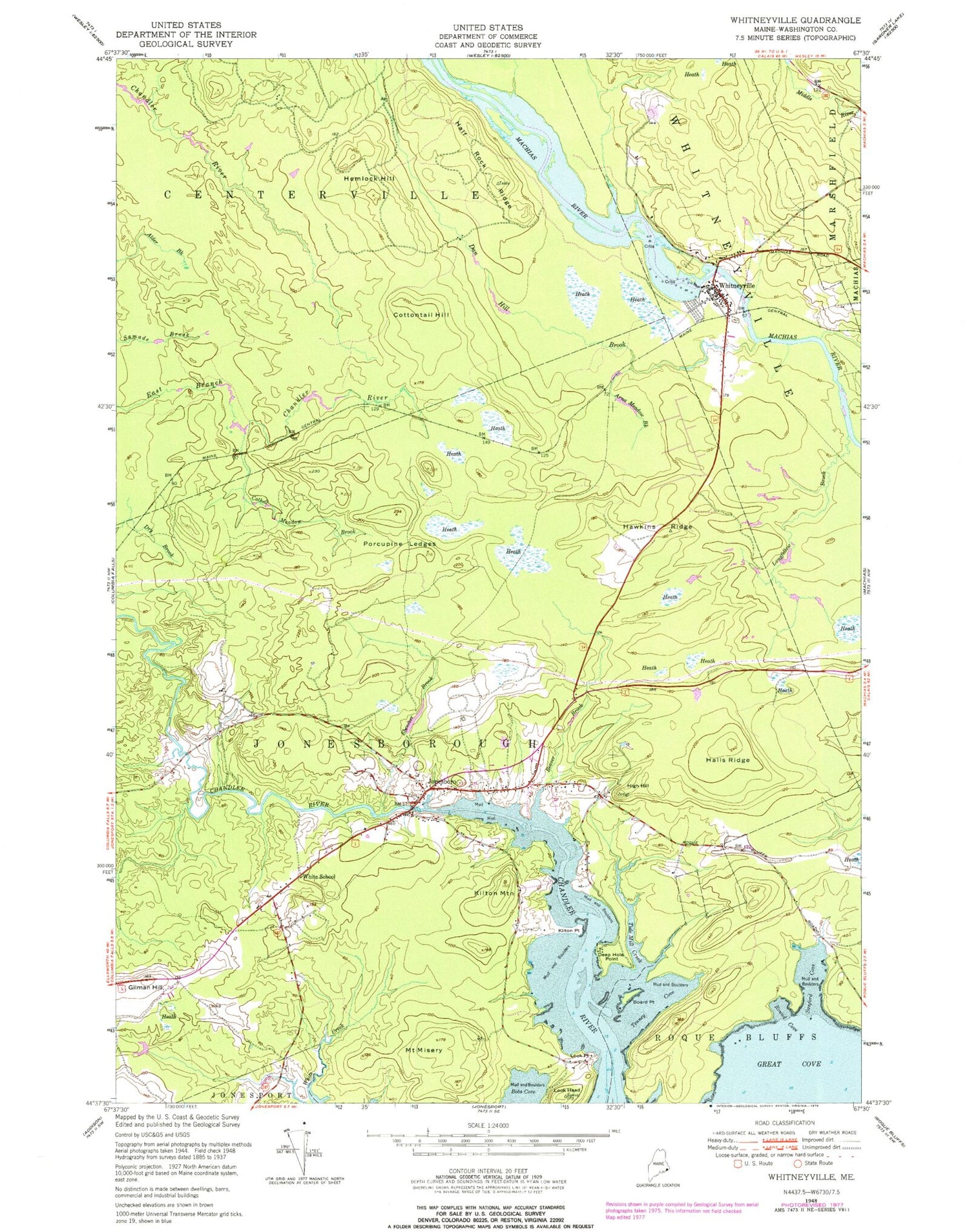 Classic USGS Whitneyville Maine 7.5'x7.5' Topo Map Image