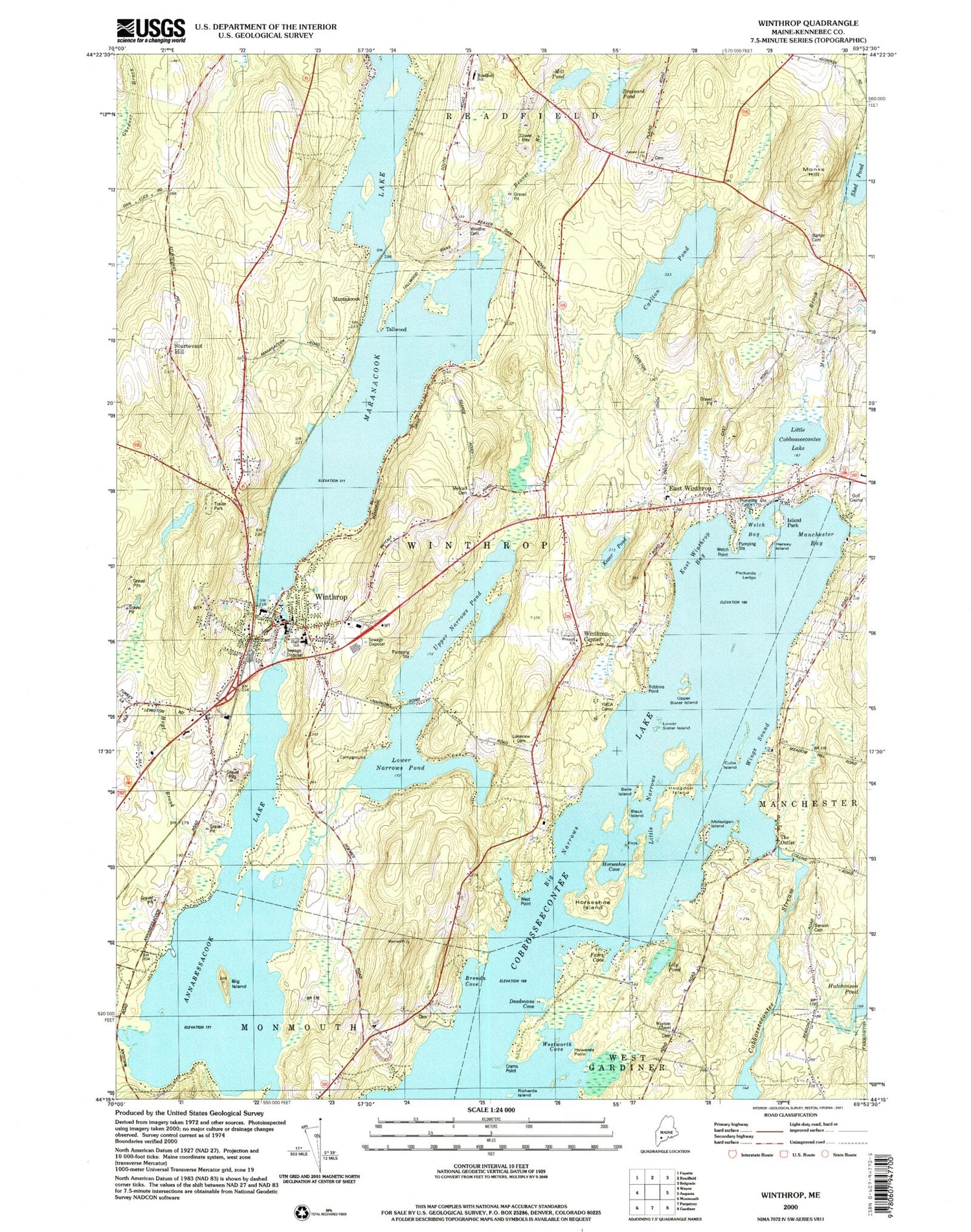 Classic USGS Winthrop Maine 7.5'x7.5' Topo Map Image