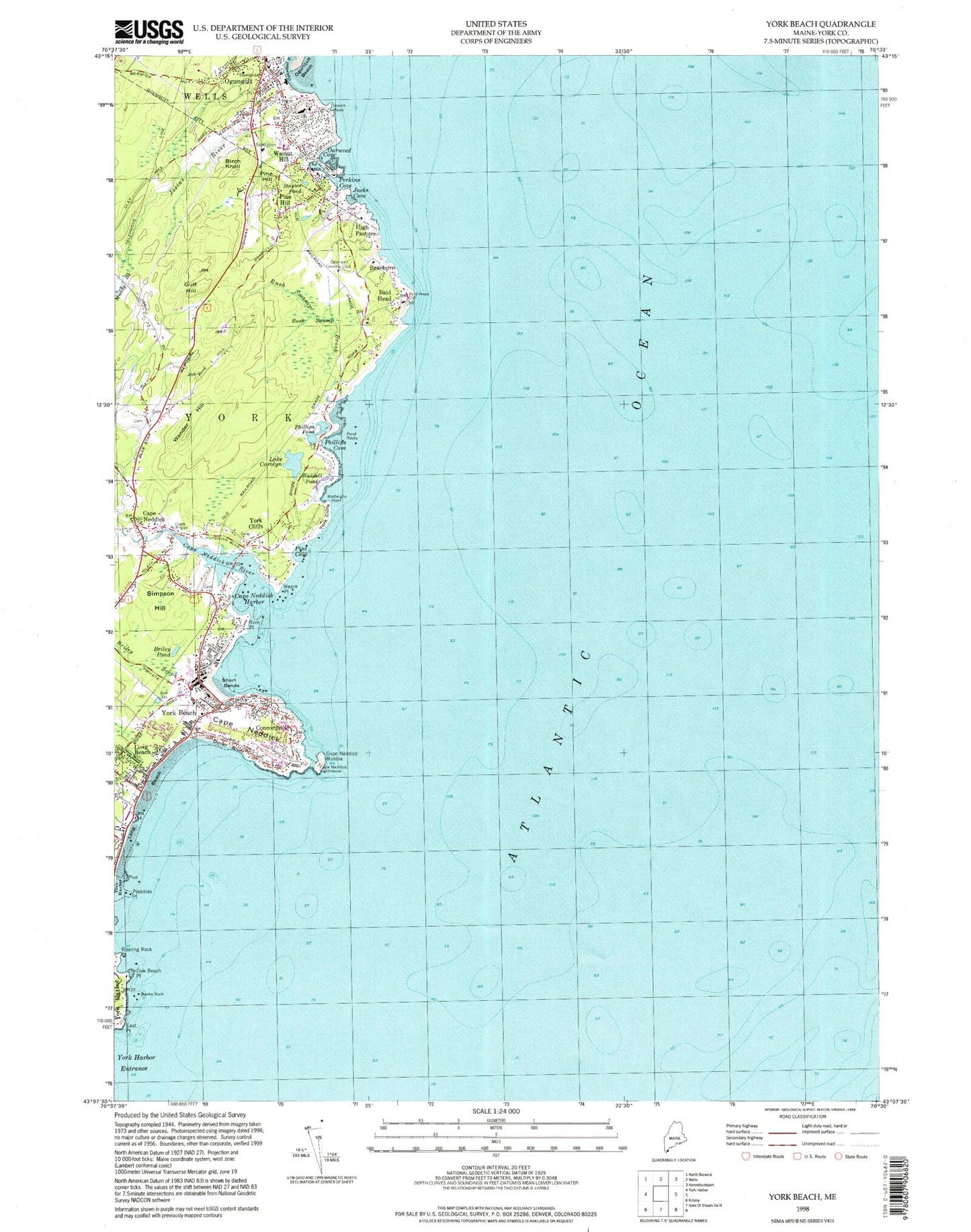 Classic USGS York Beach Maine 7.5'x7.5' Topo Map Image