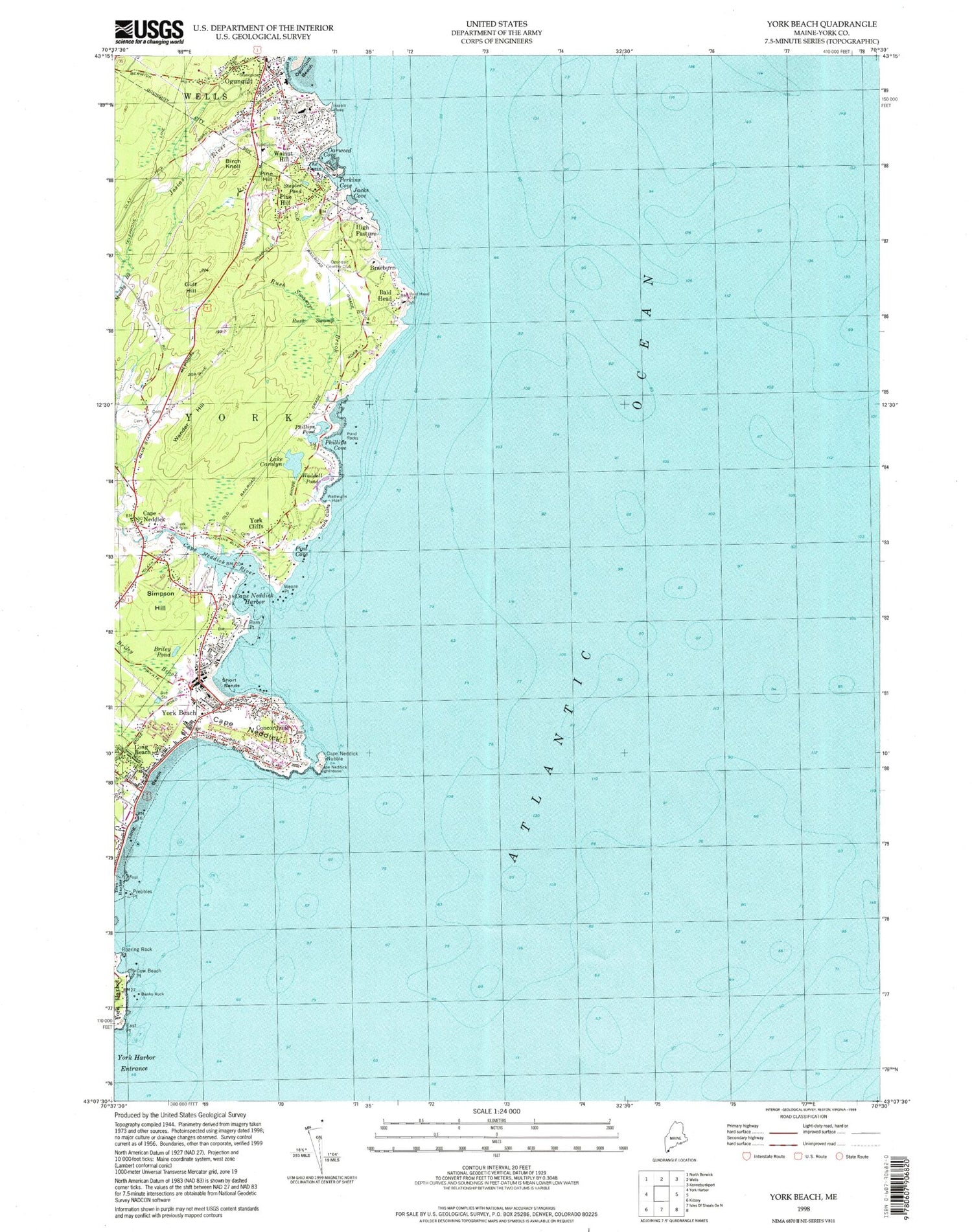 Classic USGS York Beach Maine 7.5'x7.5' Topo Map Image
