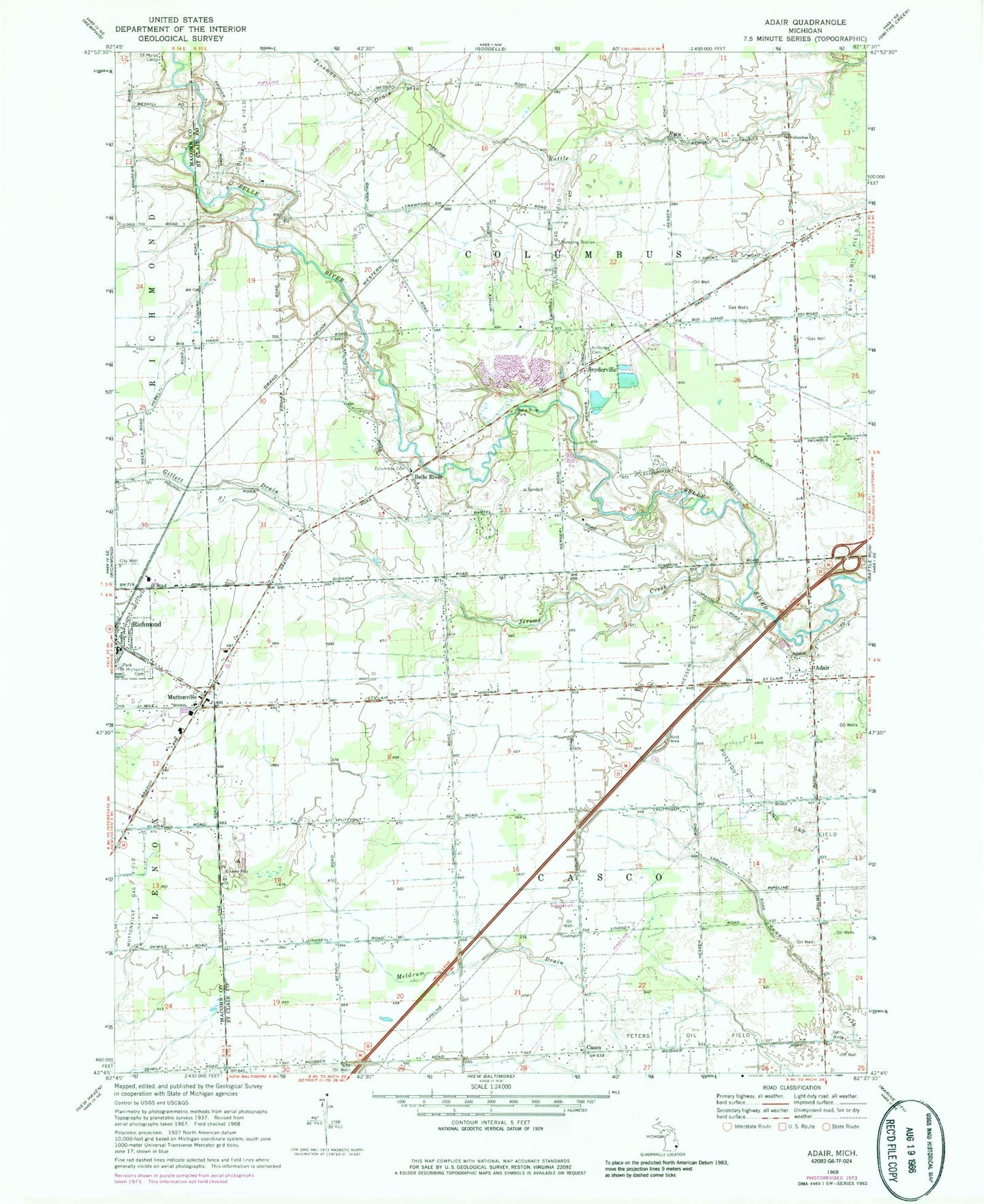Classic USGS Adair Michigan 7.5'x7.5' Topo Map Image