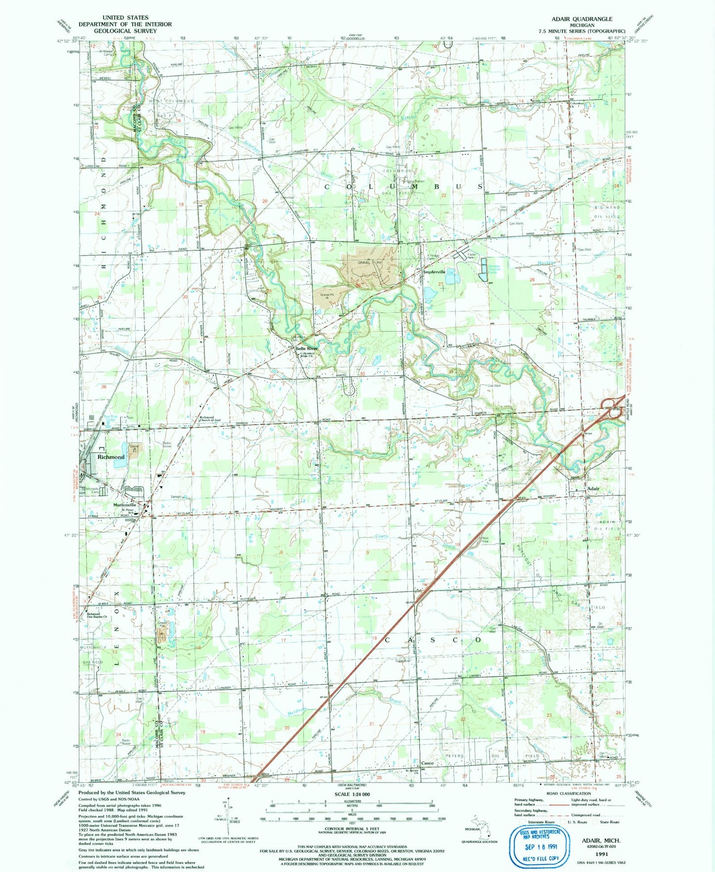 Classic USGS Adair Michigan 7.5'x7.5' Topo Map Image
