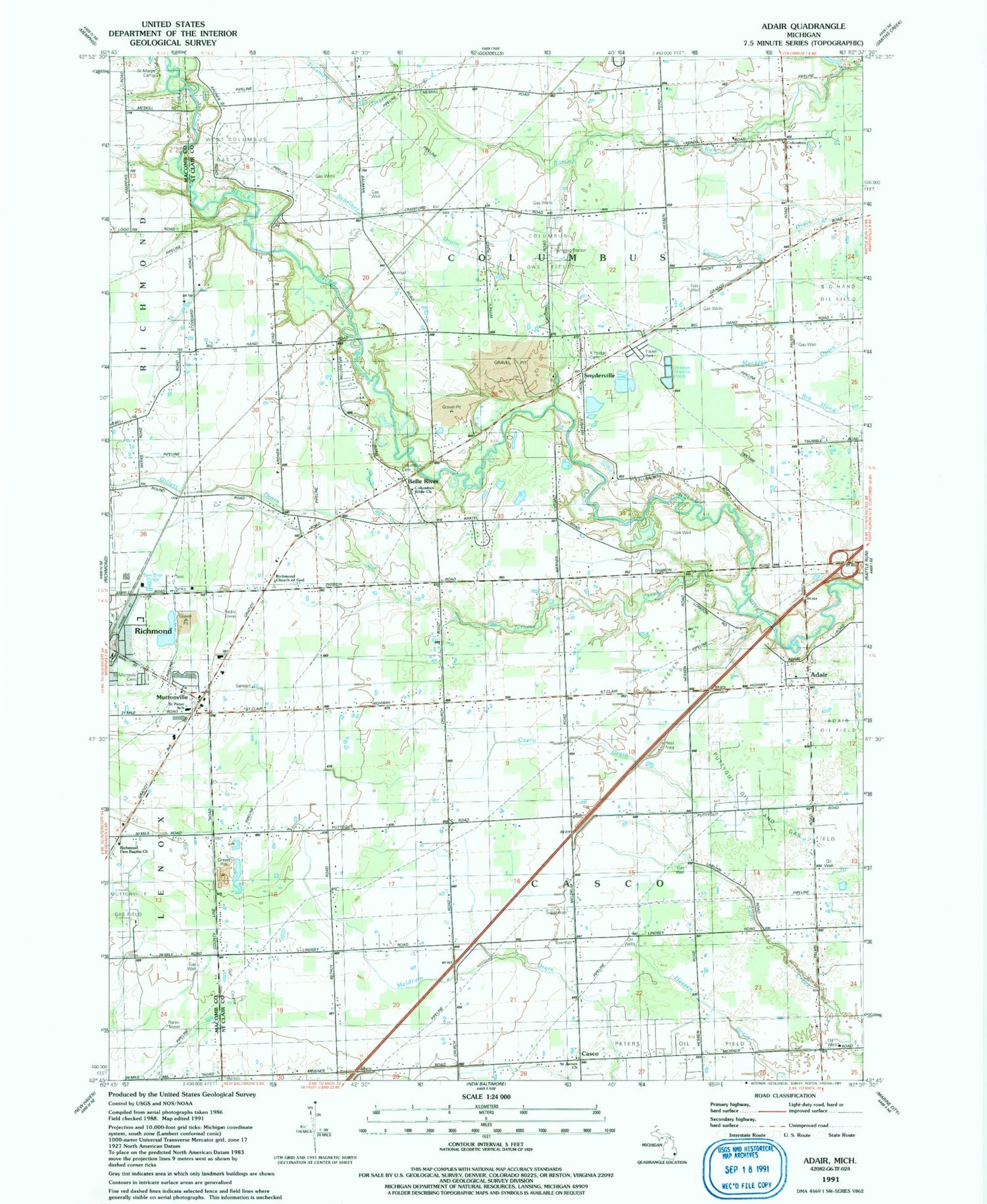 Classic USGS Adair Michigan 7.5'x7.5' Topo Map Image