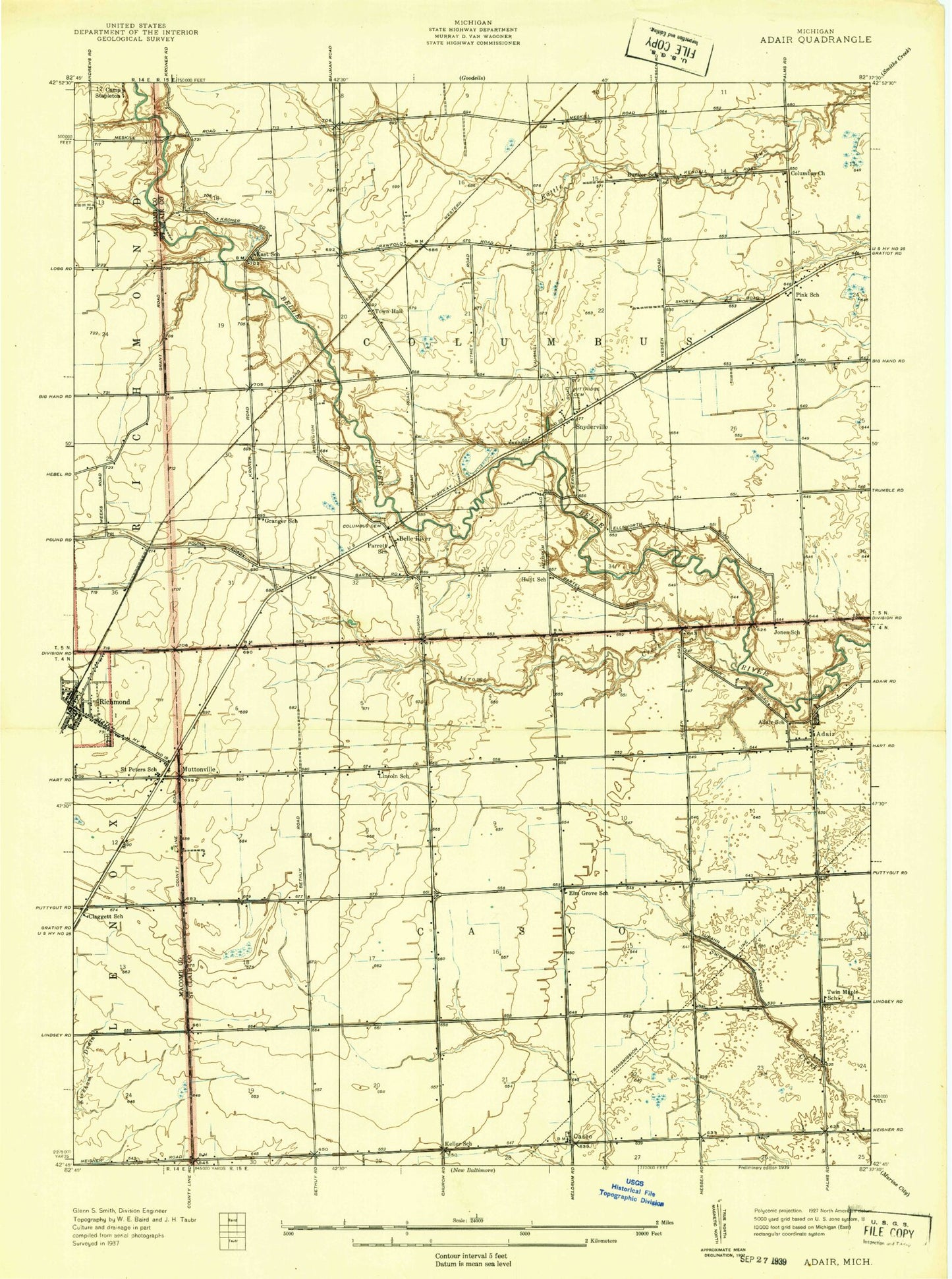 Classic USGS Adair Michigan 7.5'x7.5' Topo Map Image
