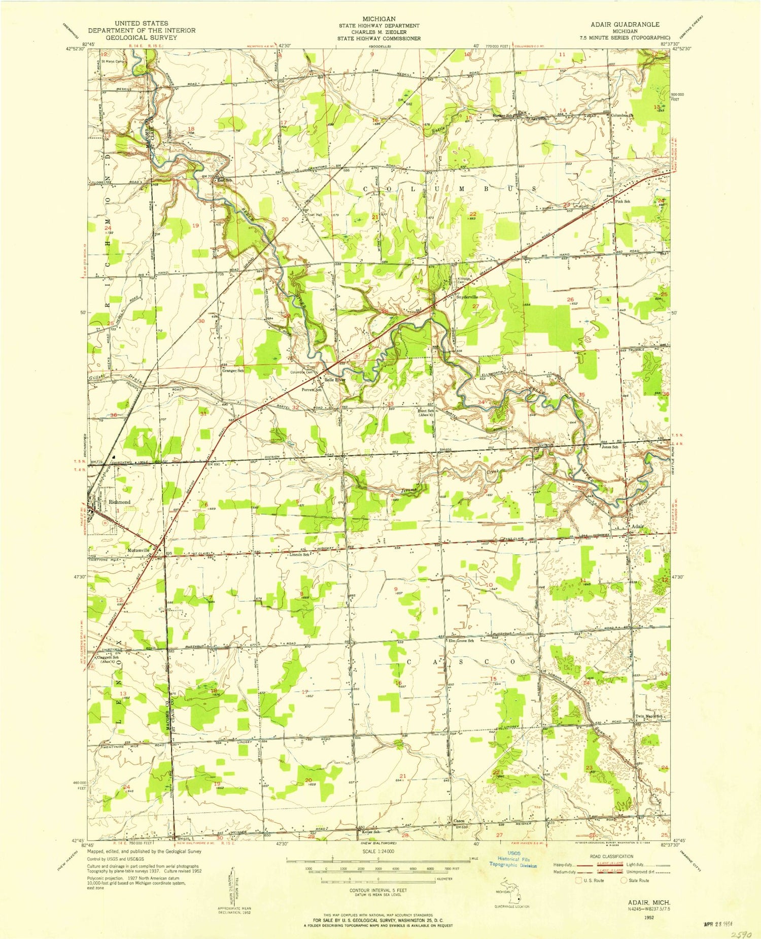 Classic USGS Adair Michigan 7.5'x7.5' Topo Map Image