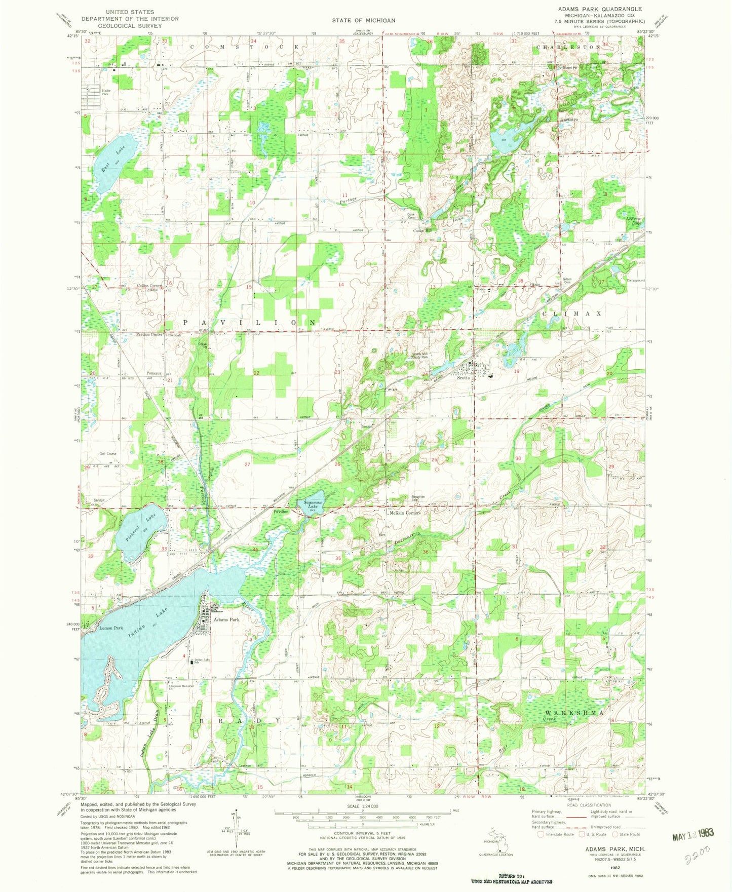 Classic USGS Adams Park Michigan 7.5'x7.5' Topo Map Image