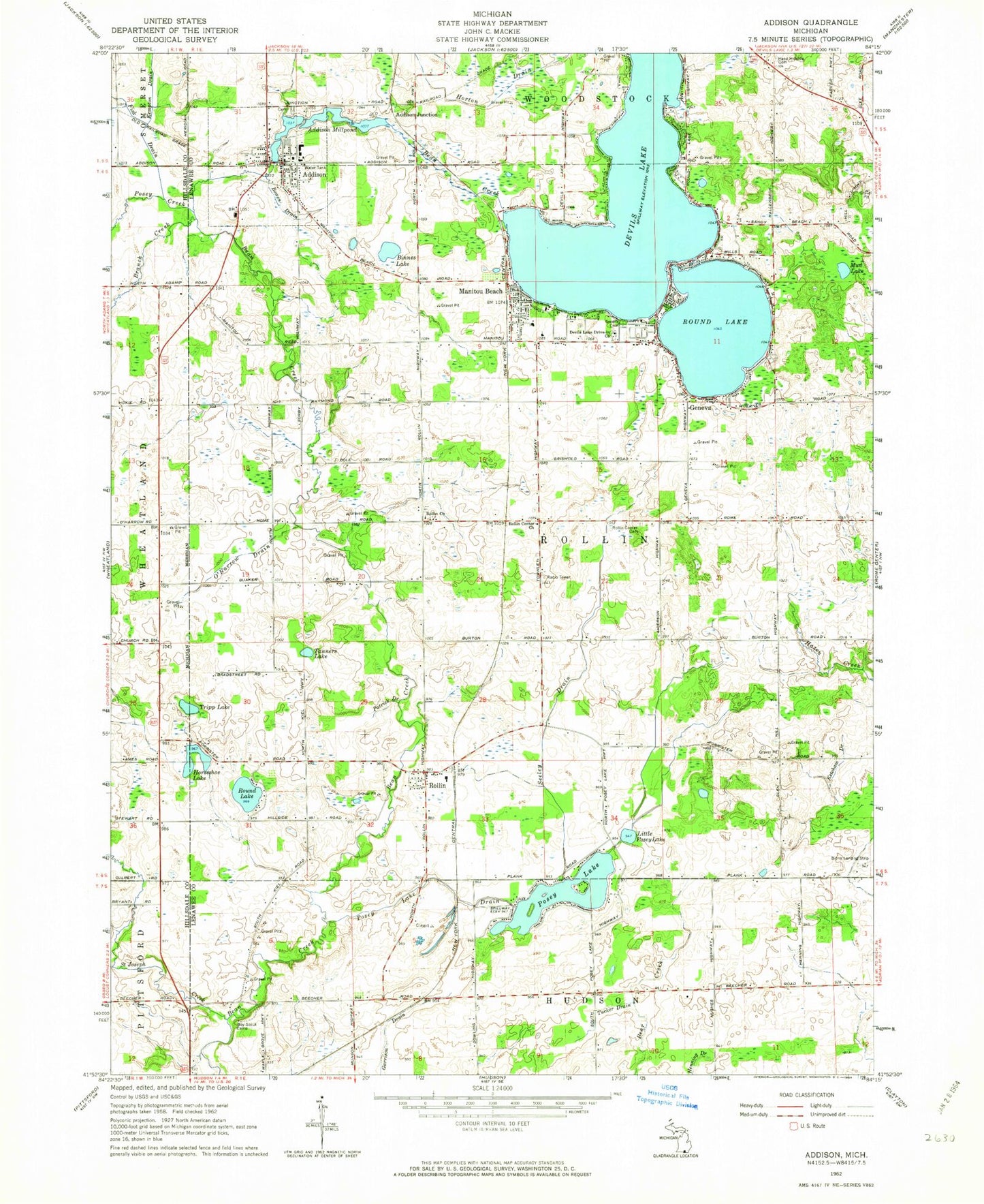 Classic USGS Addison Michigan 7.5'x7.5' Topo Map Image