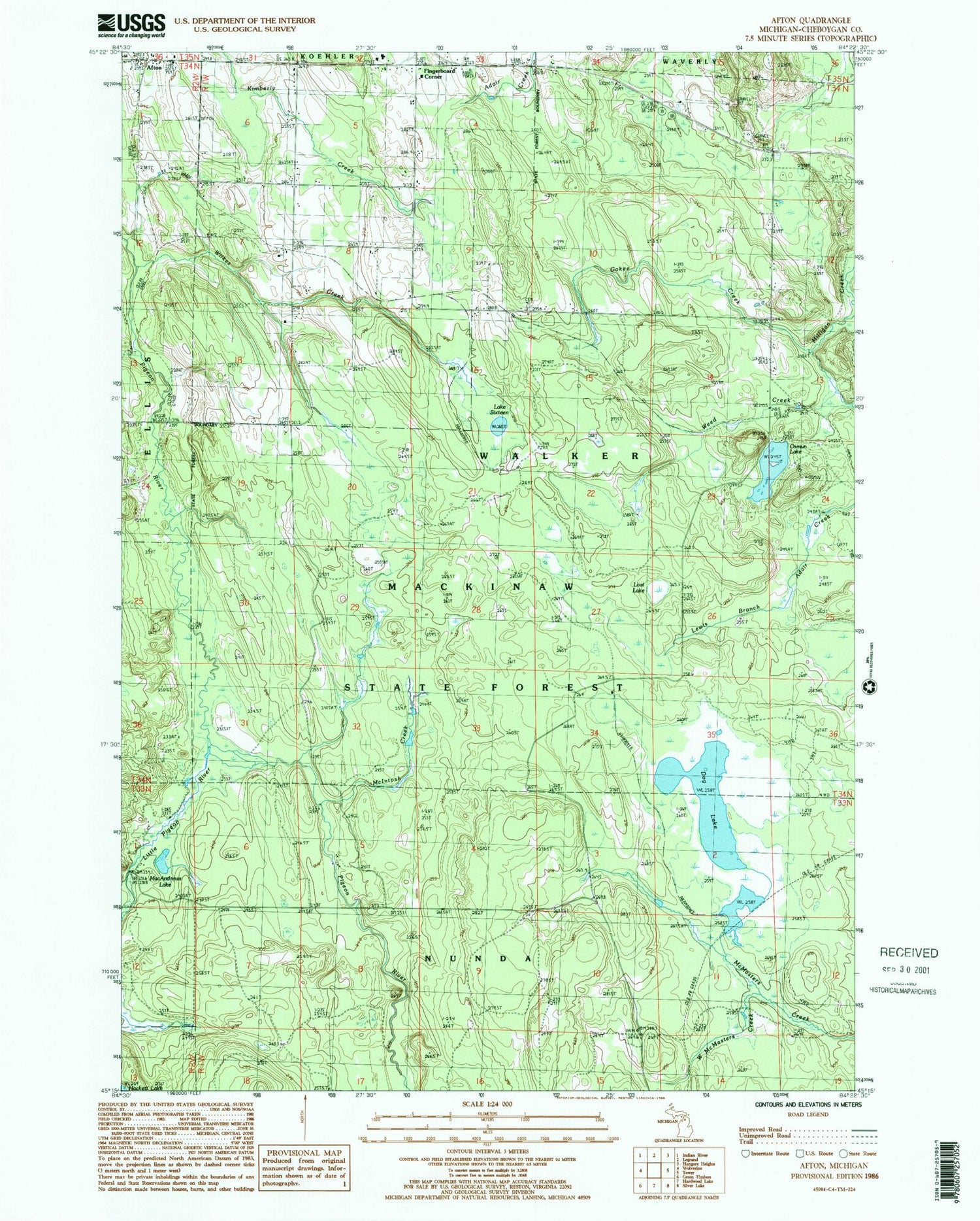 Classic USGS Afton Michigan 7.5'x7.5' Topo Map Image