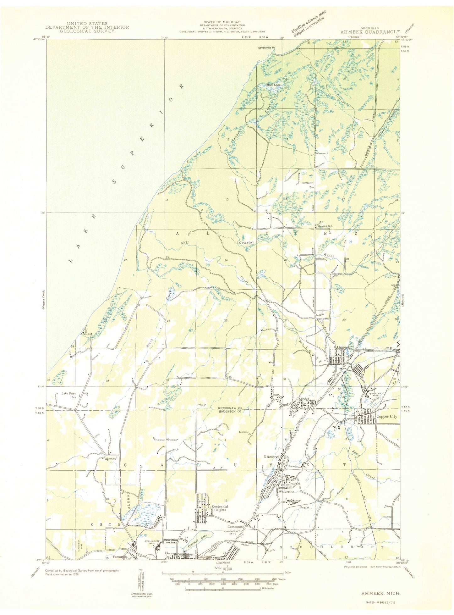 Classic USGS Ahmeek Michigan 7.5'x7.5' Topo Map Image