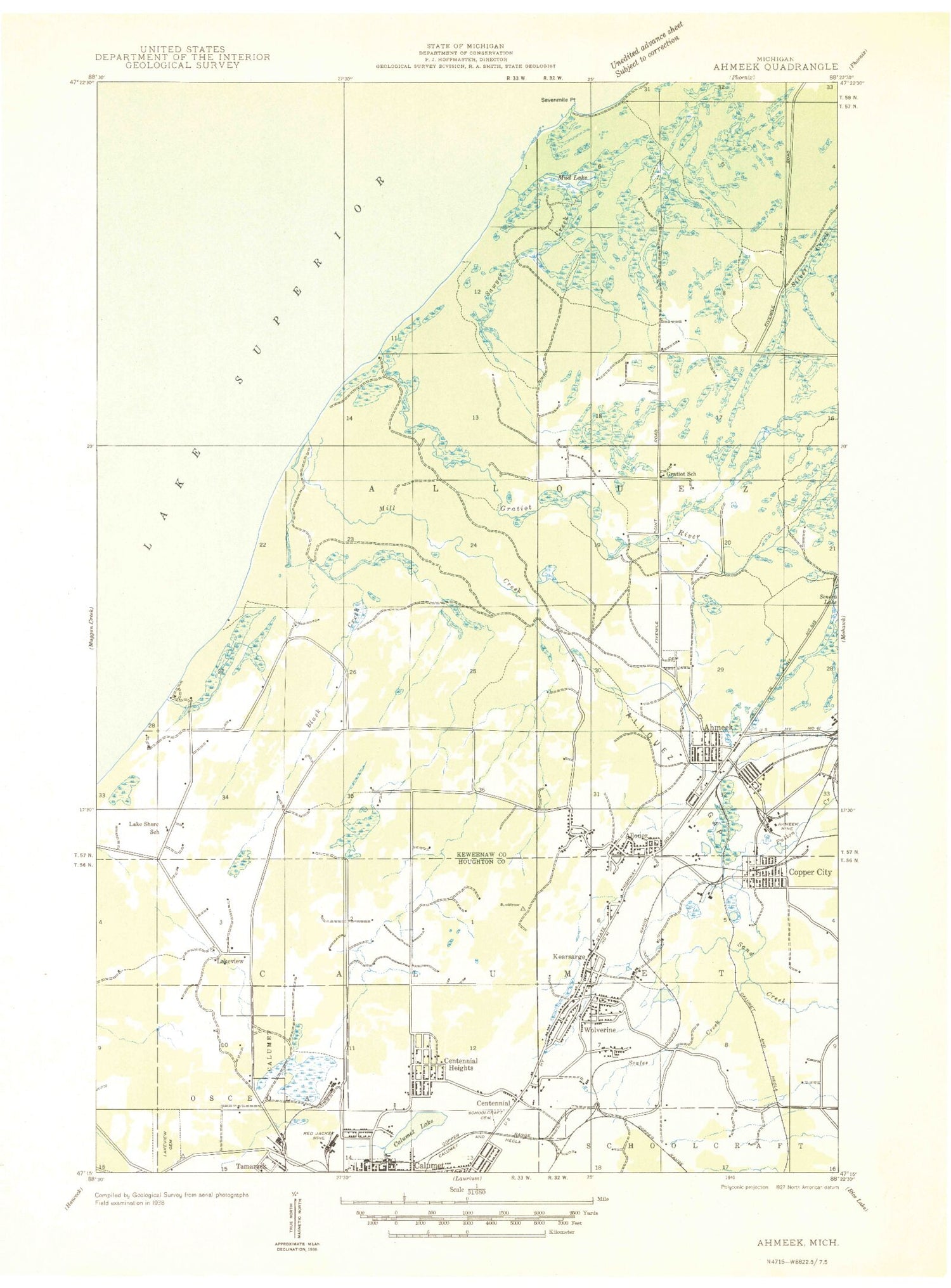 Classic USGS Ahmeek Michigan 7.5'x7.5' Topo Map Image