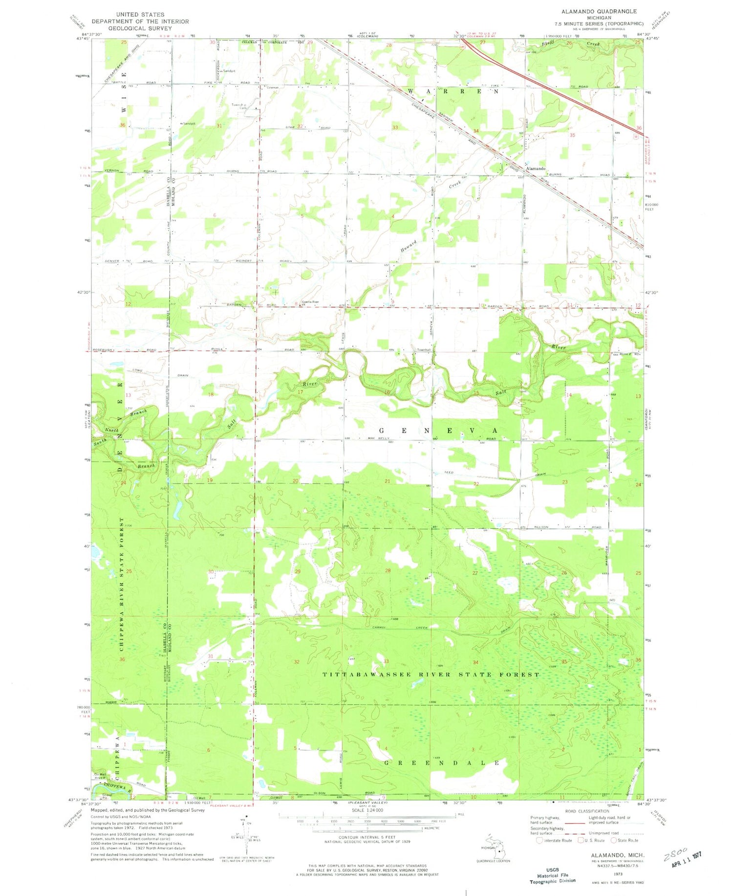 Classic USGS Alamando Michigan 7.5'x7.5' Topo Map Image