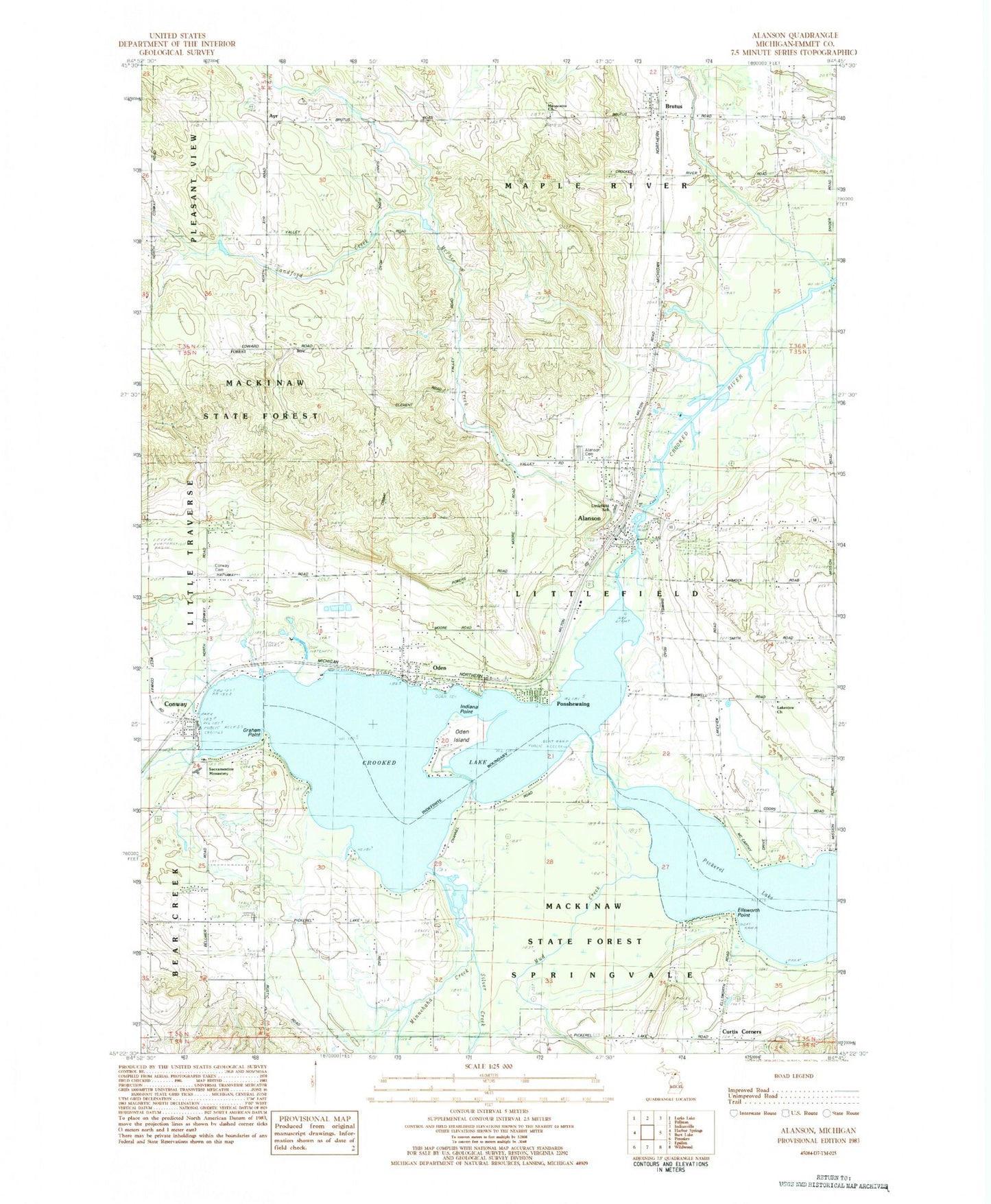 Classic USGS Alanson Michigan 7.5'x7.5' Topo Map Image
