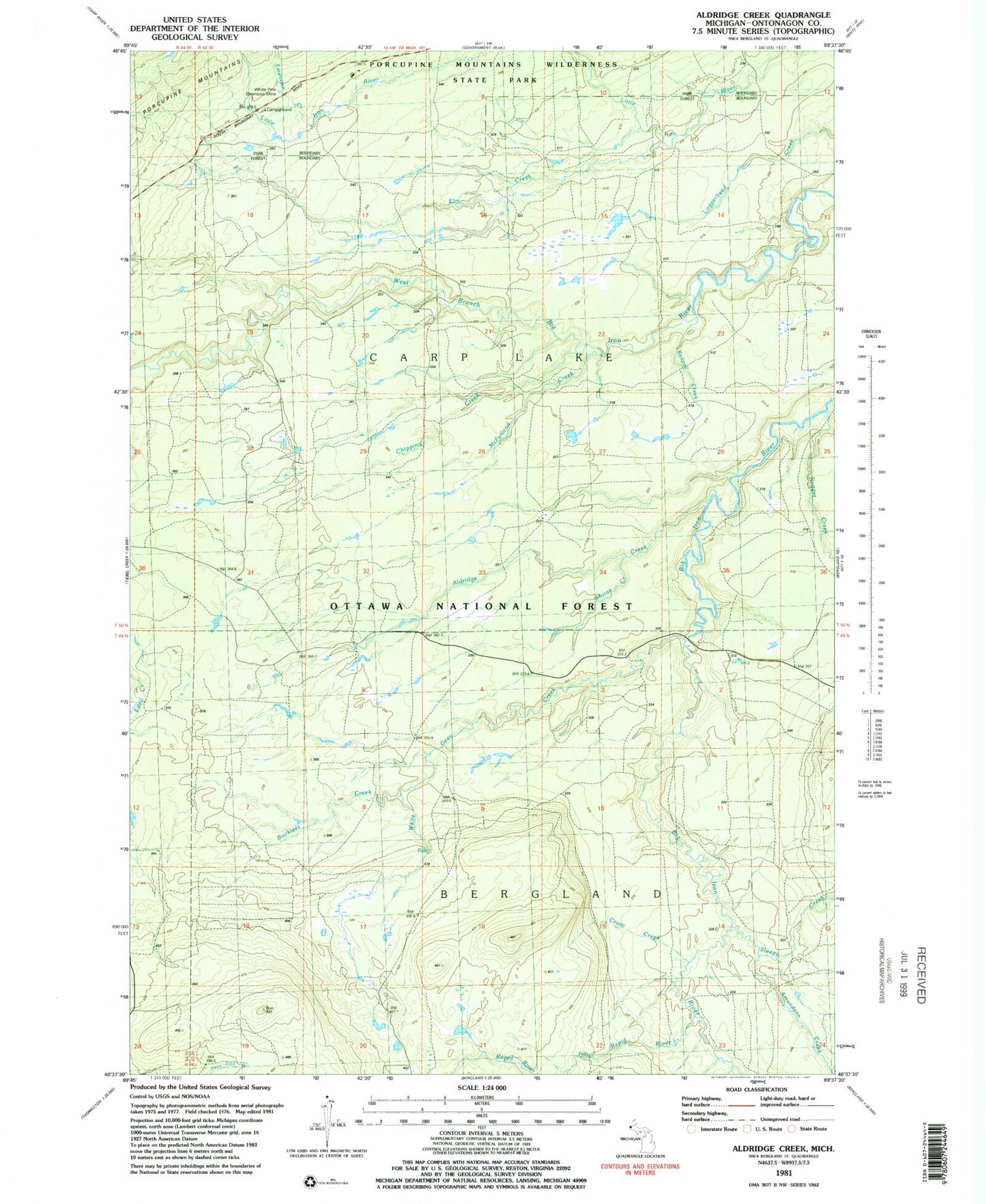 Classic USGS Aldridge Creek Michigan 7.5'x7.5' Topo Map Image